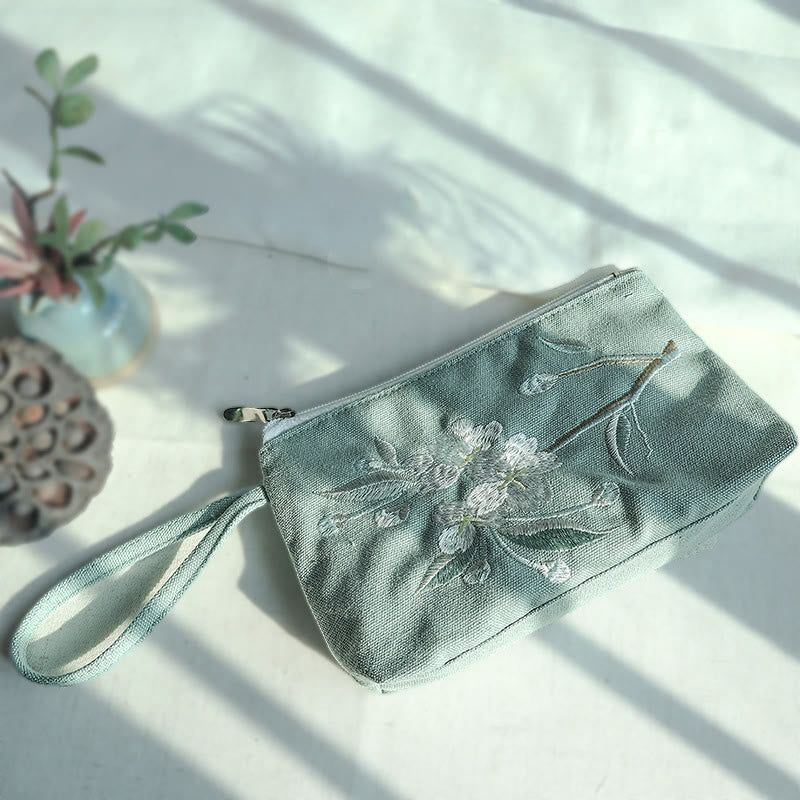 Canvas Wallet with Plum Cherry Crane Embroidery | Compact 21x13cm