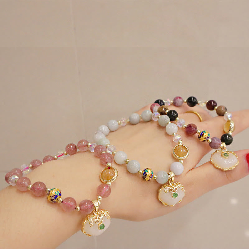Strawberry Quartz Healing Bracelet with Chinese Lock Charm