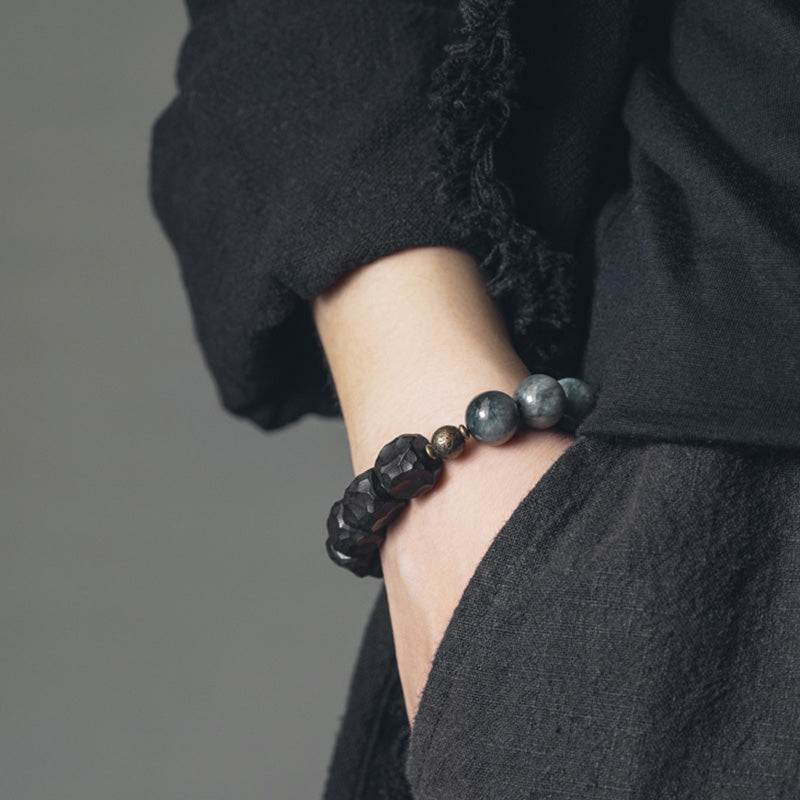 Eagle's Eye Stone Couple Bracelet with Ebony Wood & Copper