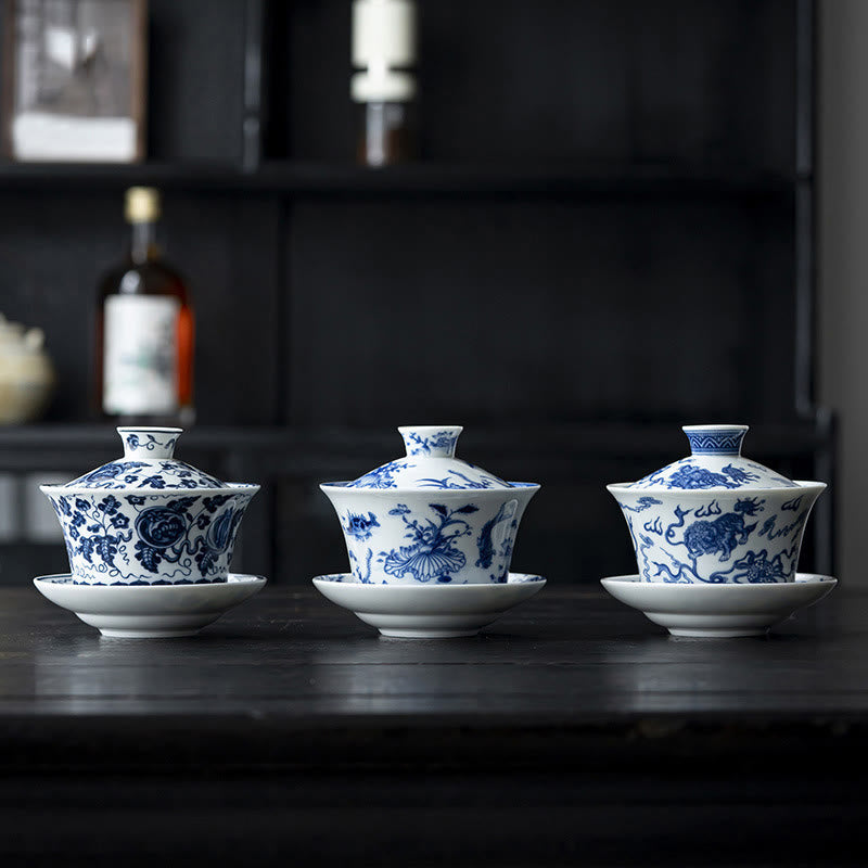 Lion Dance Ceramic Gaiwan Tea Cup 300ml with Lid & Saucer