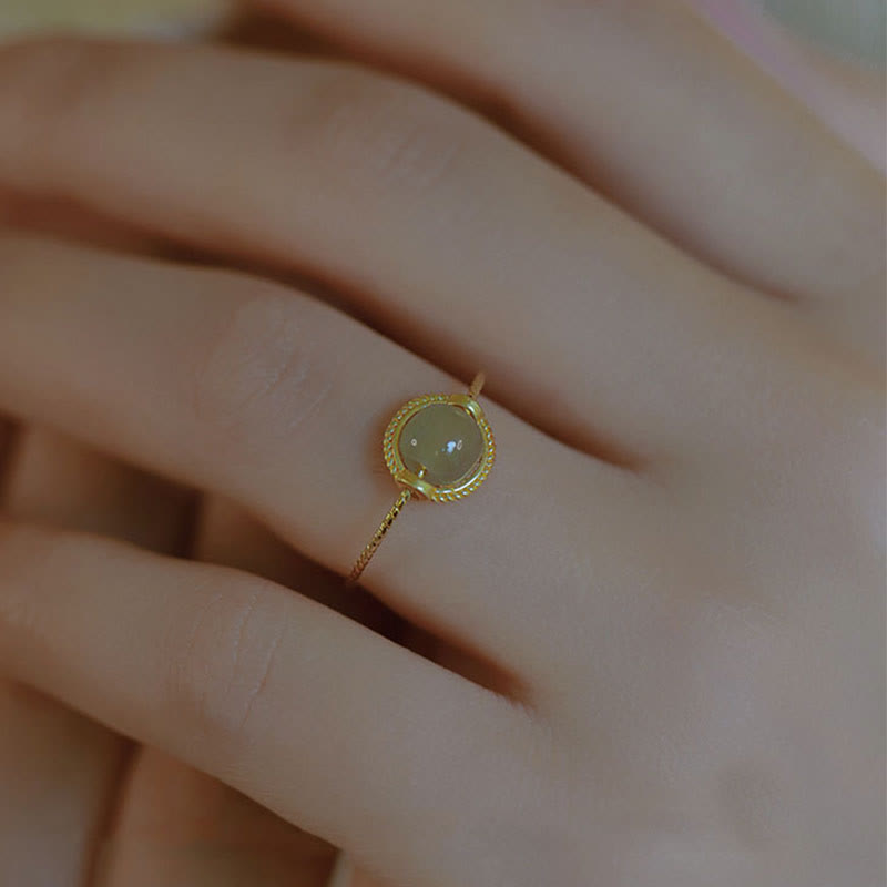 Adjustable 14K Gold Plated Jade Ring for Luck & Prosperity
