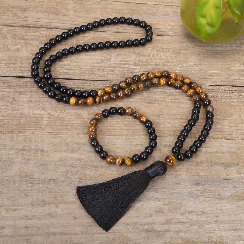 Black Onyx & Tiger Eye Protection Gemstone Mala Set