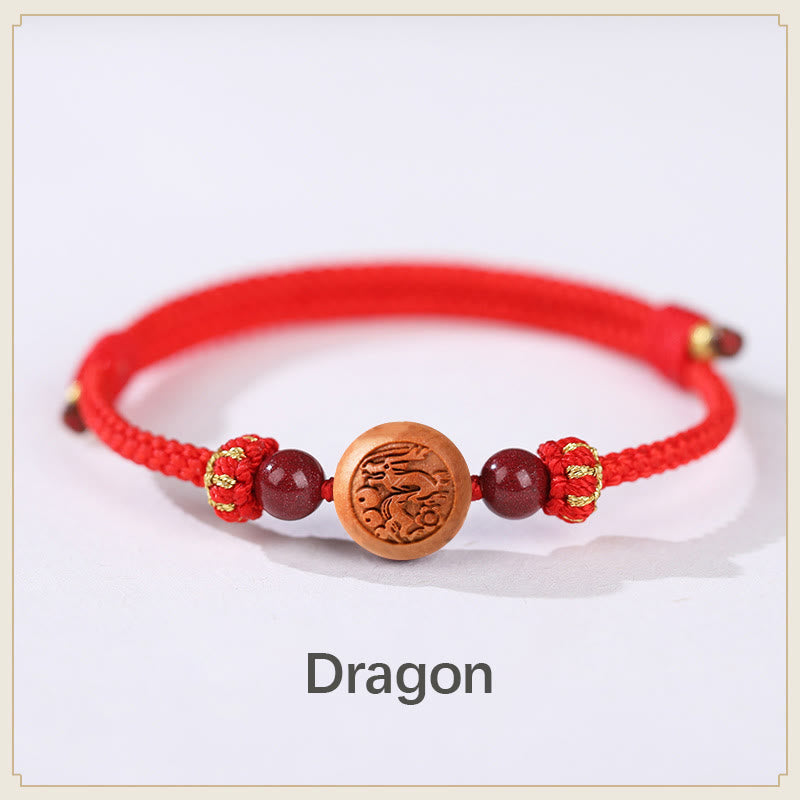 Natural Peach Wood Chinese Zodiac Fu Cinnabar Wealth Bracelet