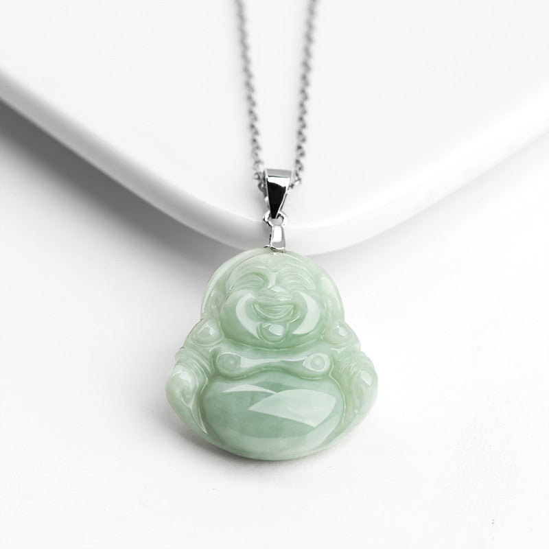 925 Sterling Silver Jade Laughing Buddha Necklace for Prosperity