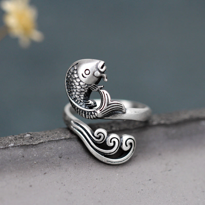Adjustable 925 Sterling Silver Koi Fish Luck Prosperity Ring