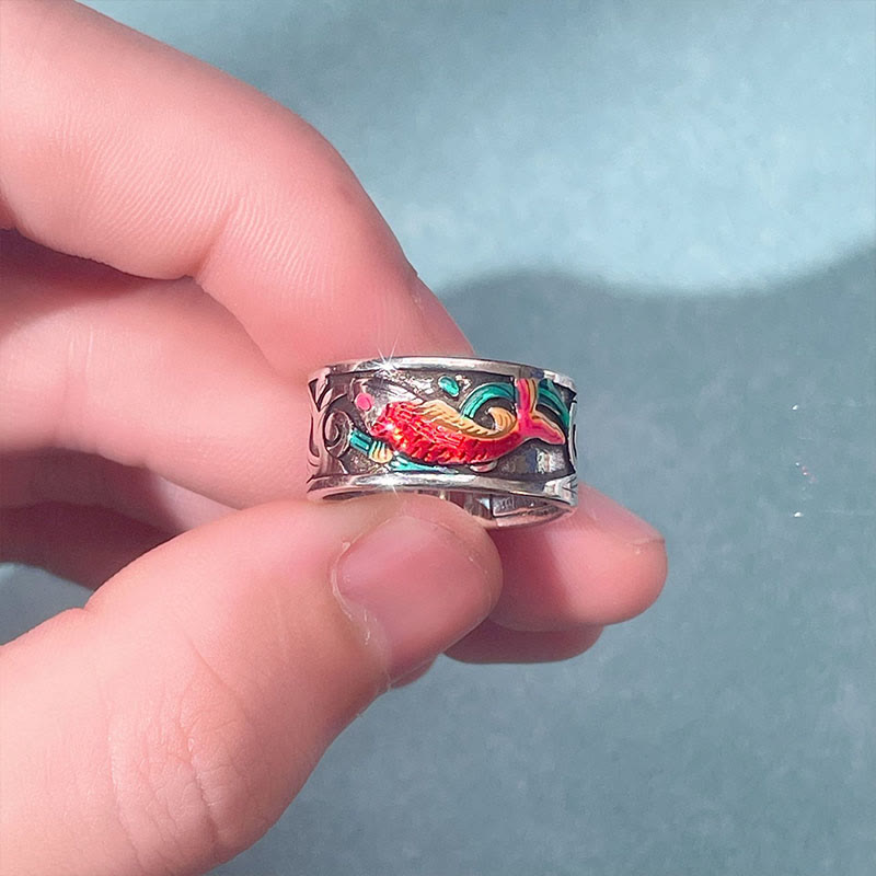 Adjustable Blue Enamel Koi Fish Heart Sutra Success Ring