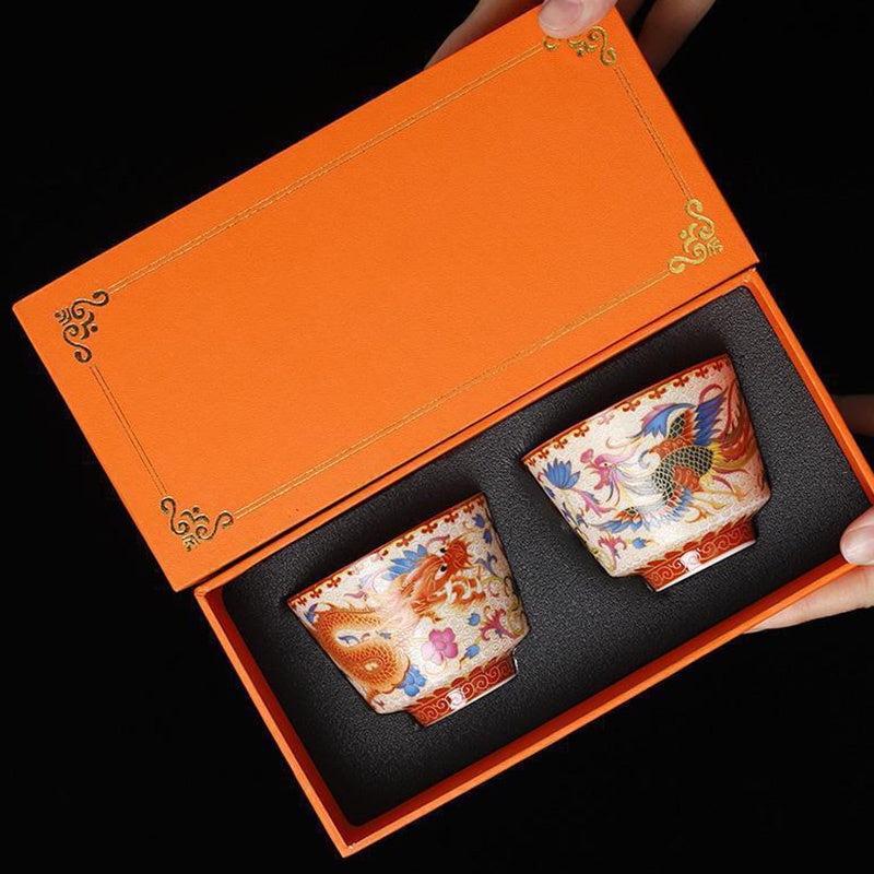 2Pcs Dragon Phoenix Ceramic Tea Cups for Zen Decor