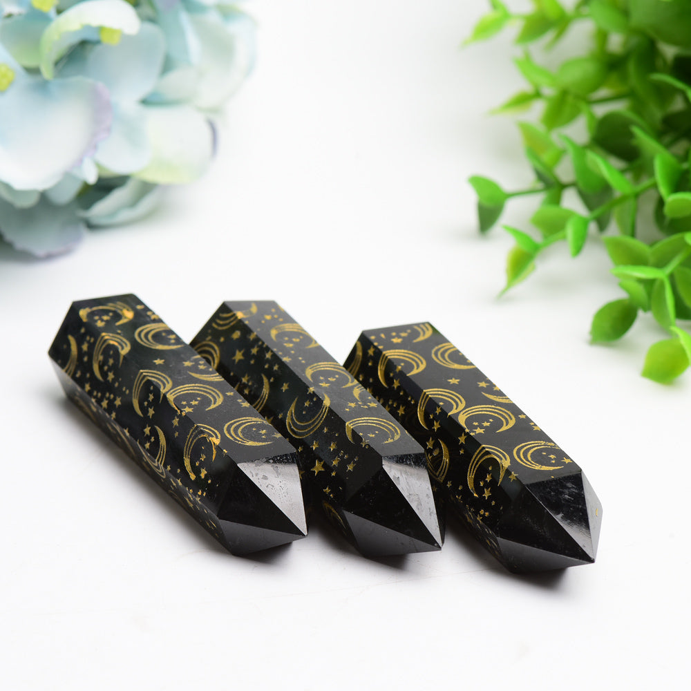 3.0-3.5 Inch Black Obsidian Crystal Point with Golden Moon Star Printing