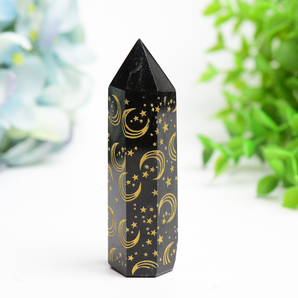 3.0-3.5 Inch Black Obsidian Crystal Point with Golden Moon Star Printing
