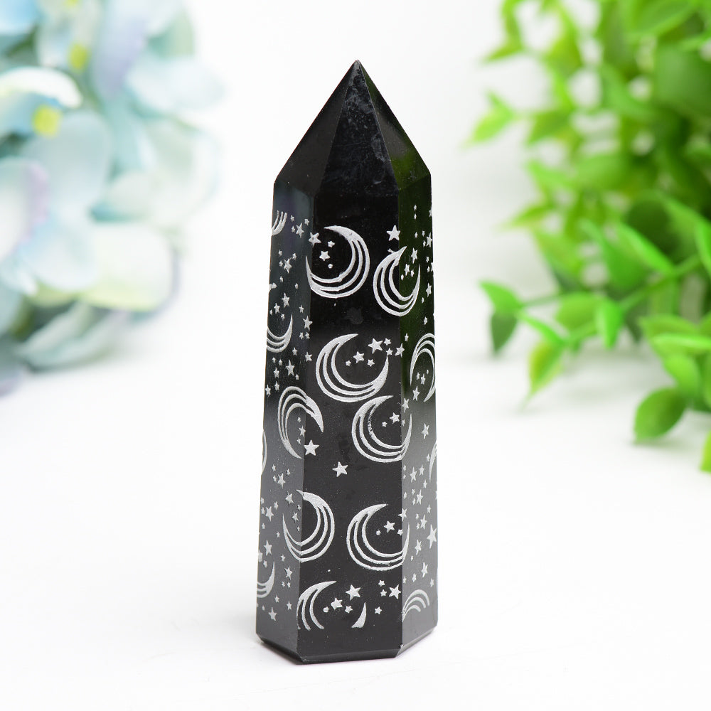 3.0-3.5 inch Black Obsidian Crystal Point with Silver Moon Star