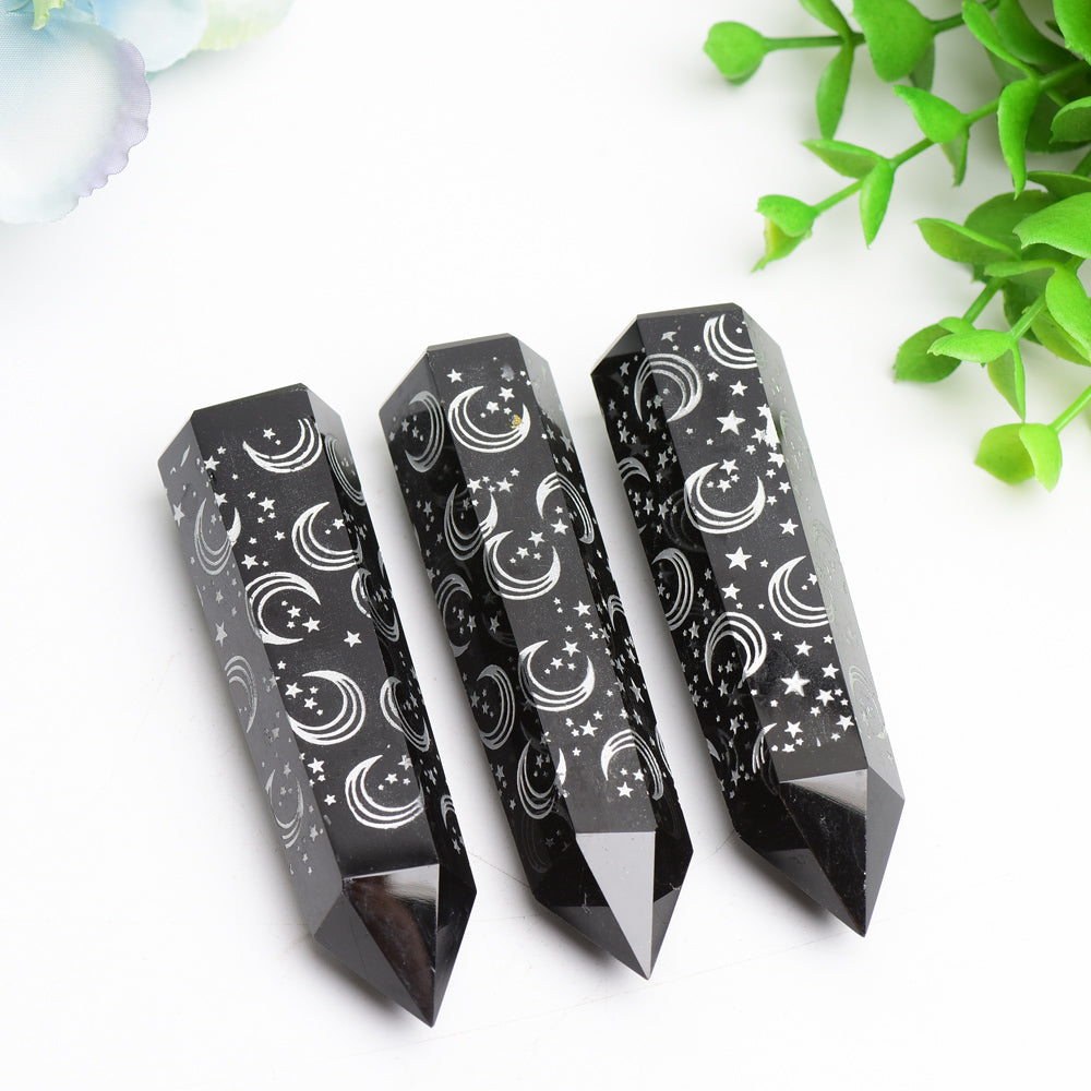 3.0-3.5 inch Black Obsidian Crystal Point with Silver Moon Star