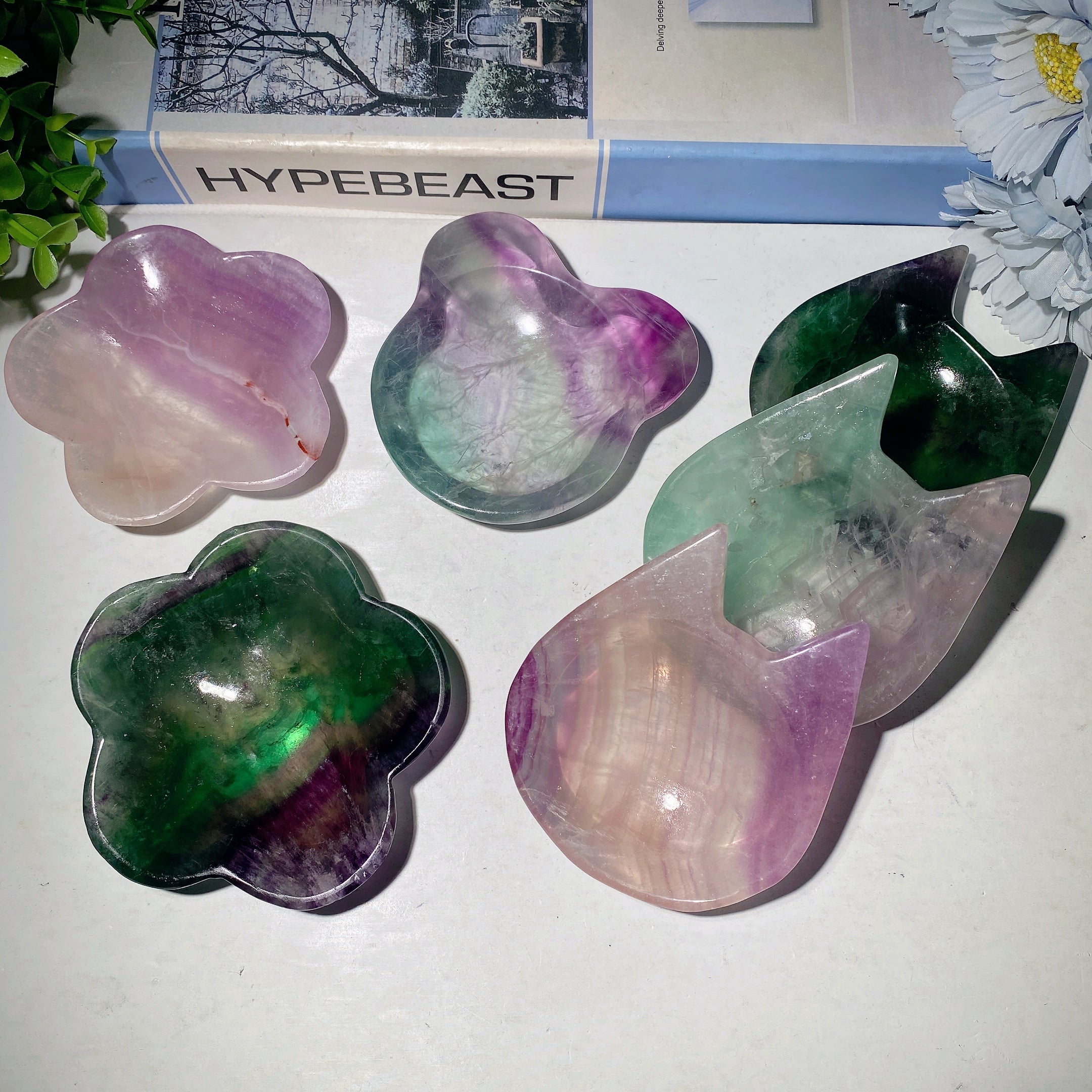 3.0-3.5 inch Fluorite Carved Cat Mickey Flower Crystal Bowl