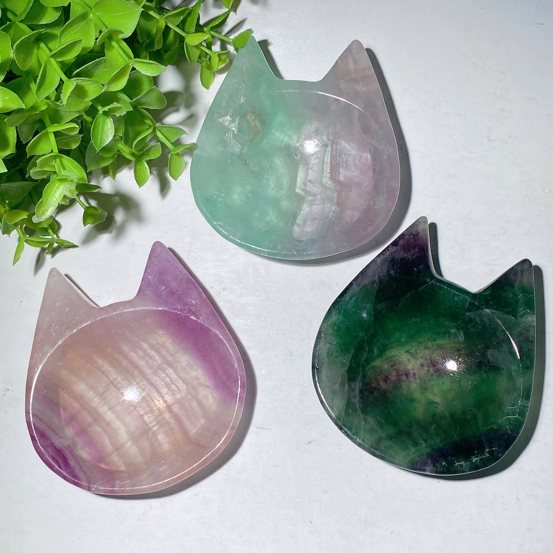 3.0-3.5 inch Fluorite Carved Cat Mickey Flower Crystal Bowl