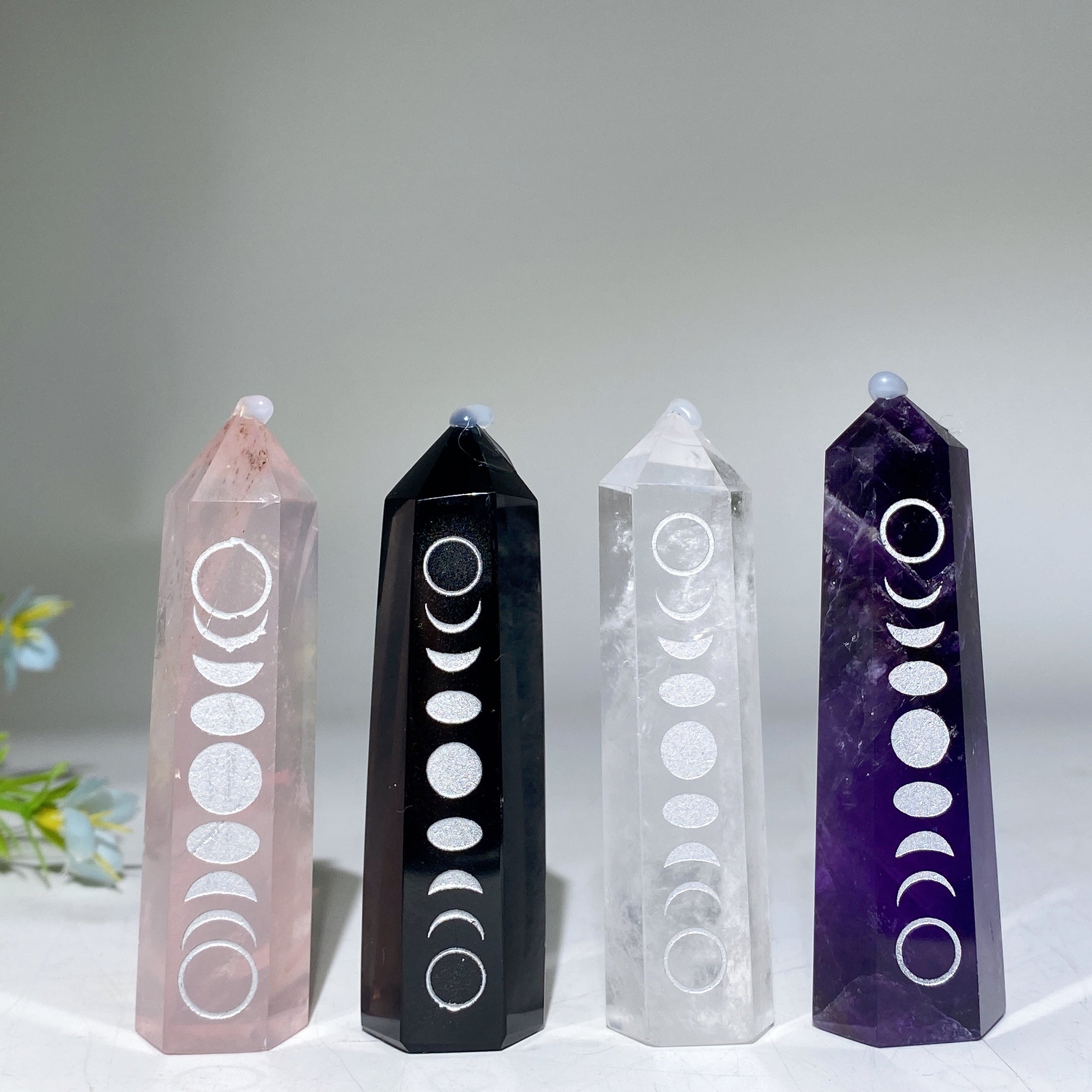 3.0 inch Clear Quartz Crystal Point with Moon Phase Engraving