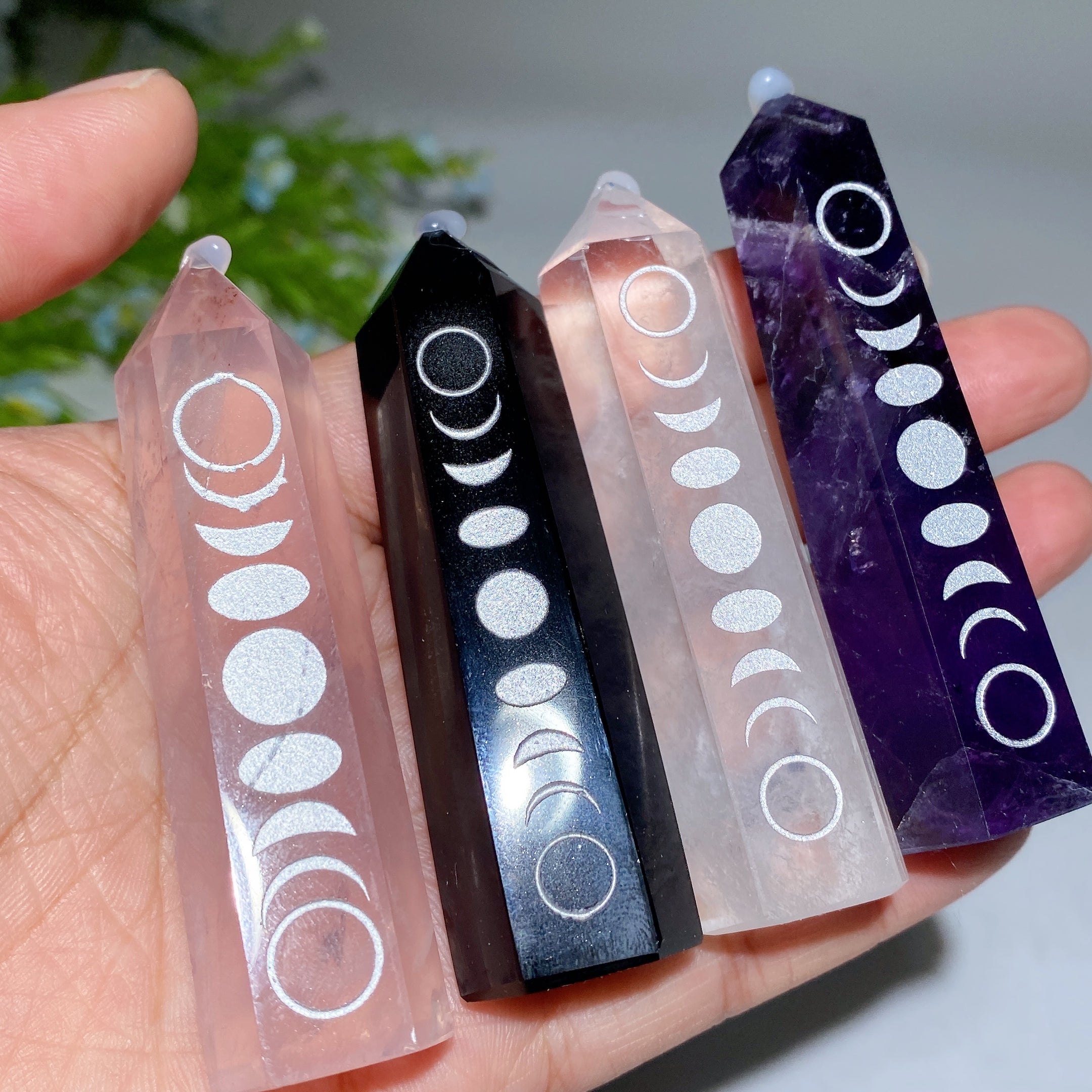 3.0 inch Clear Quartz Crystal Point with Moon Phase Engraving