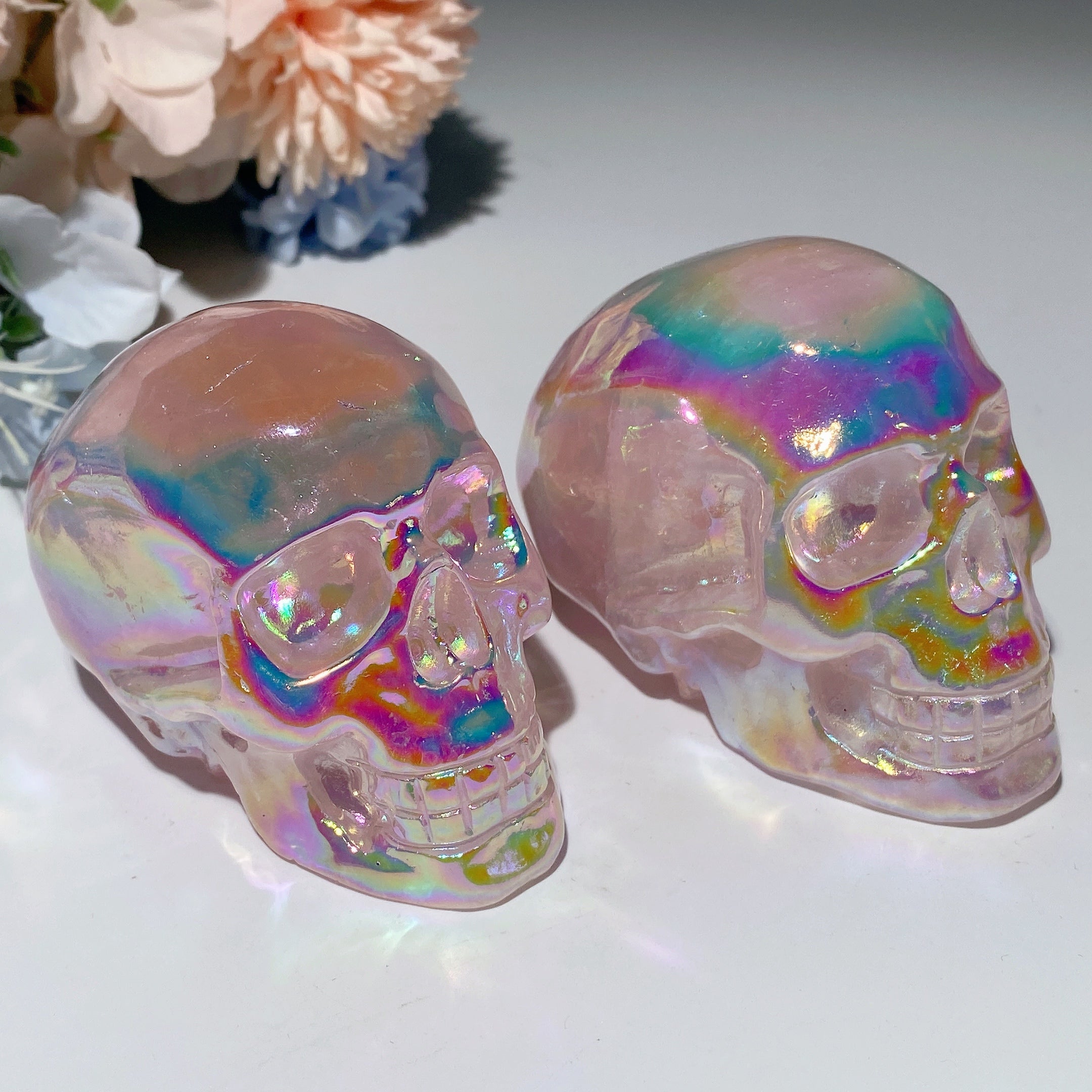 3.1" Aura Rose Quartz Crystal Skull Carving for Healing