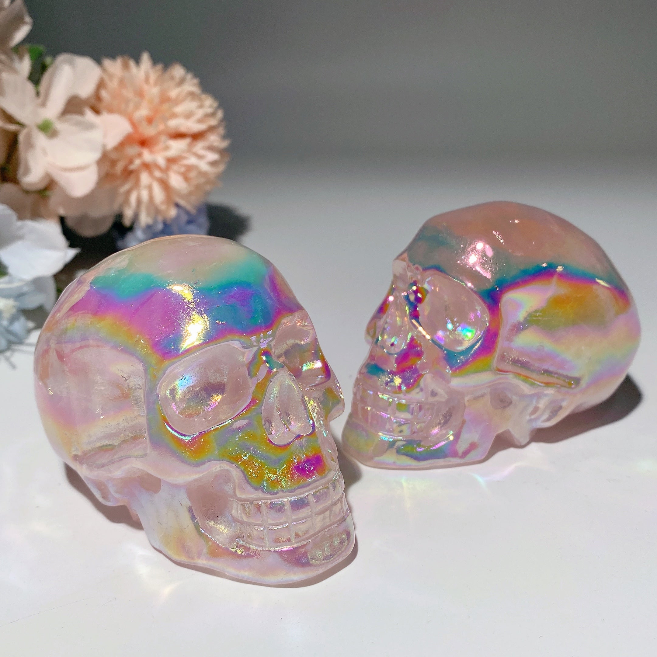 3.1" Aura Rose Quartz Crystal Skull Carving for Healing