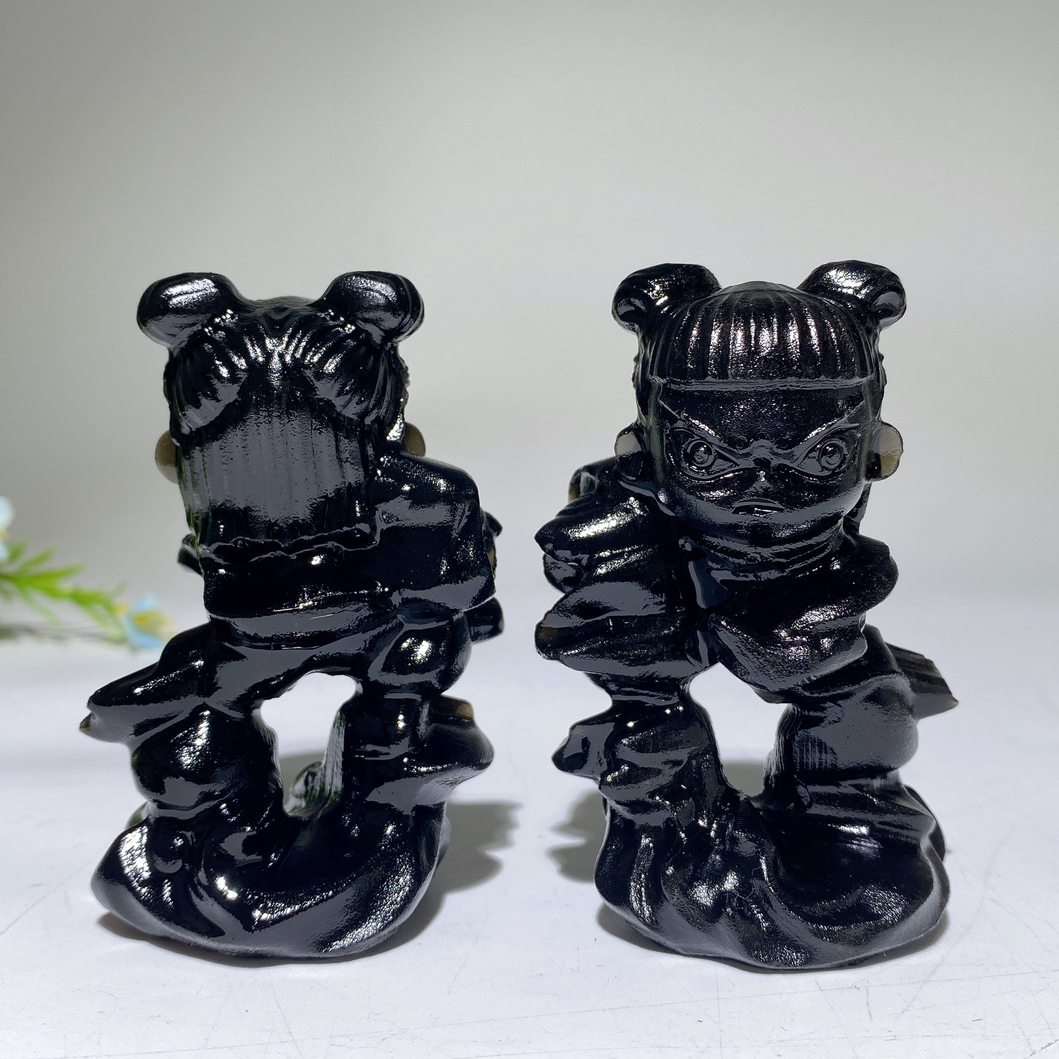 3.1 Inch Black Obsidian Nezha Crystal Figurine Healing Carving