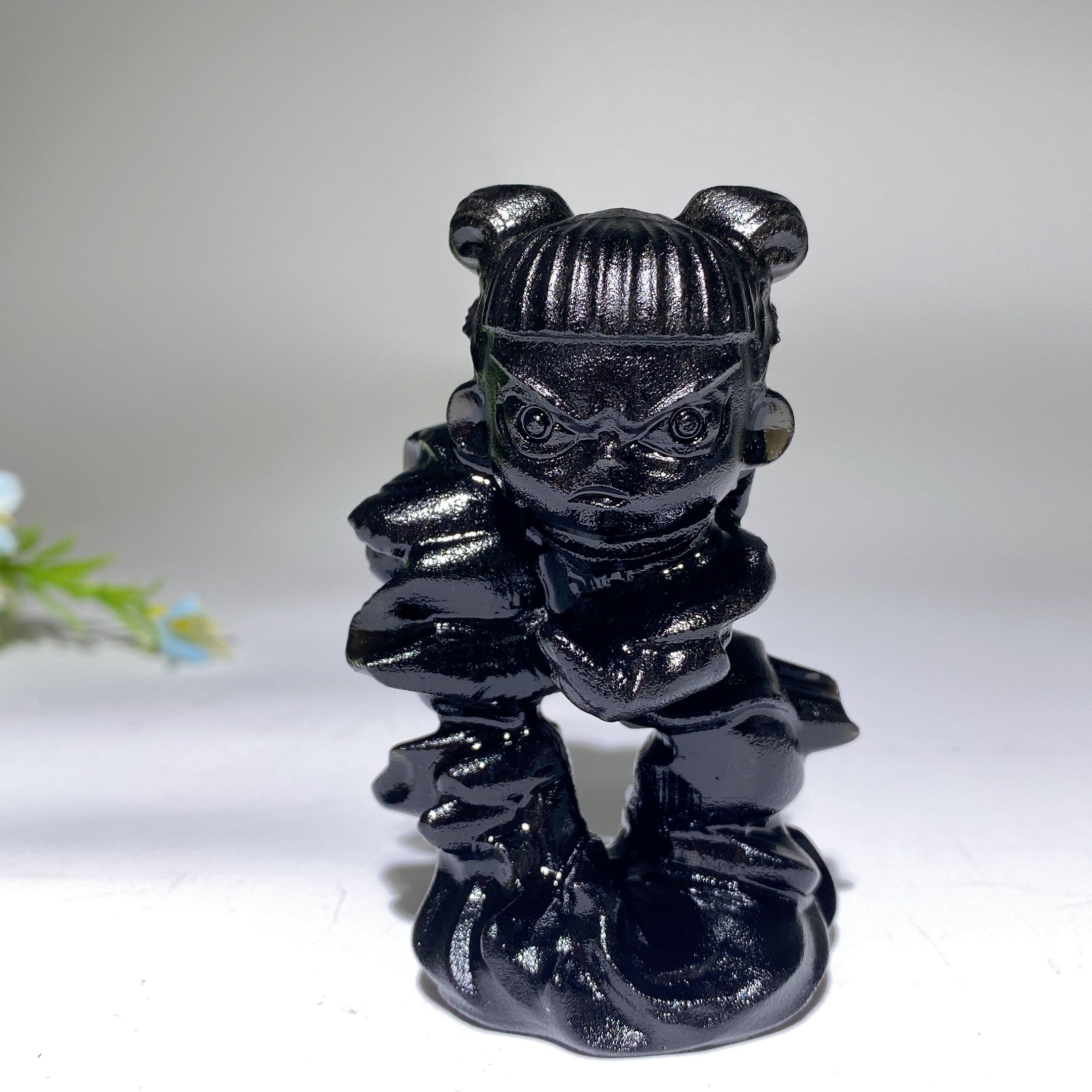 3.1 Inch Black Obsidian Nezha Crystal Figurine Healing Carving