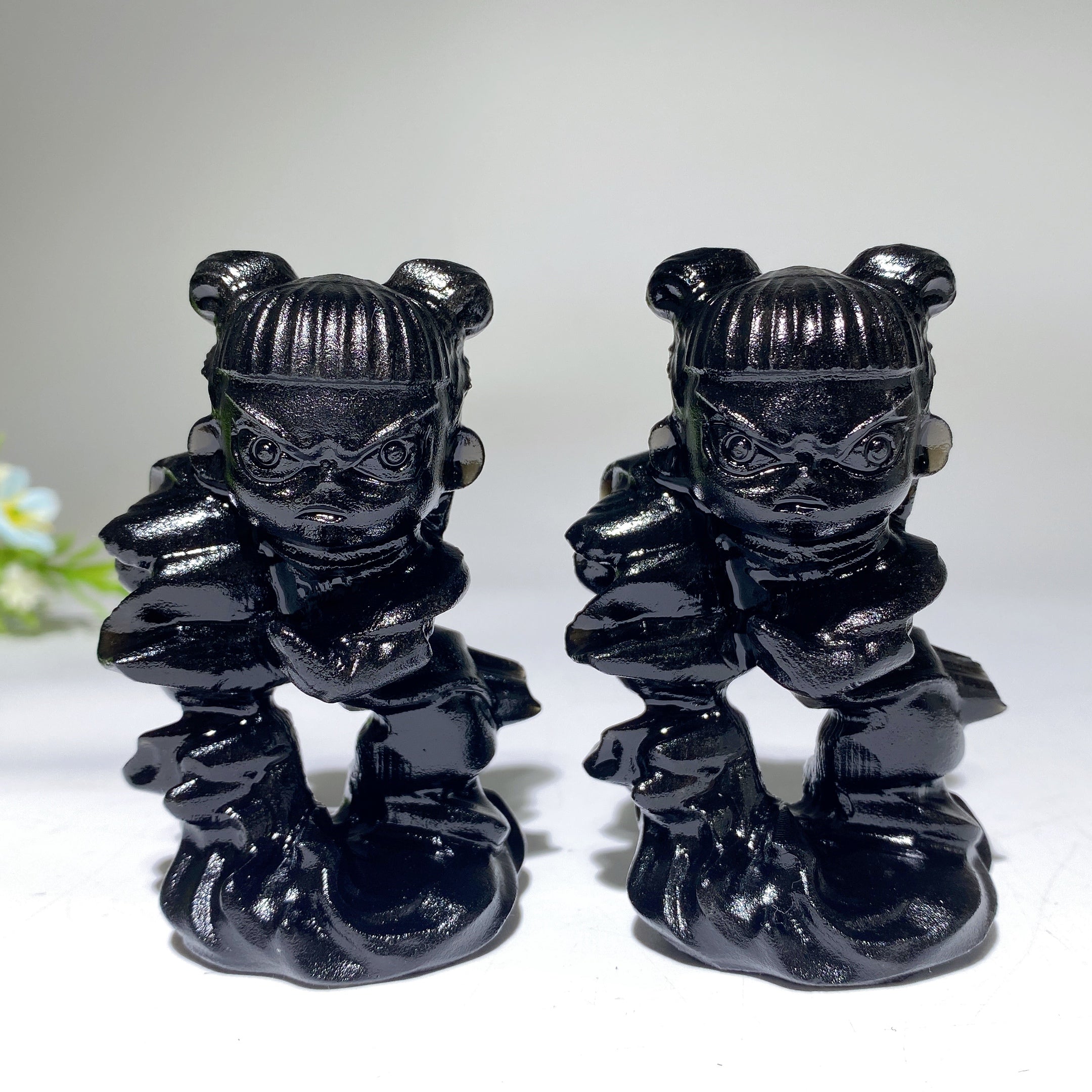 3.1 Inch Black Obsidian Nezha Crystal Figurine Healing Carving