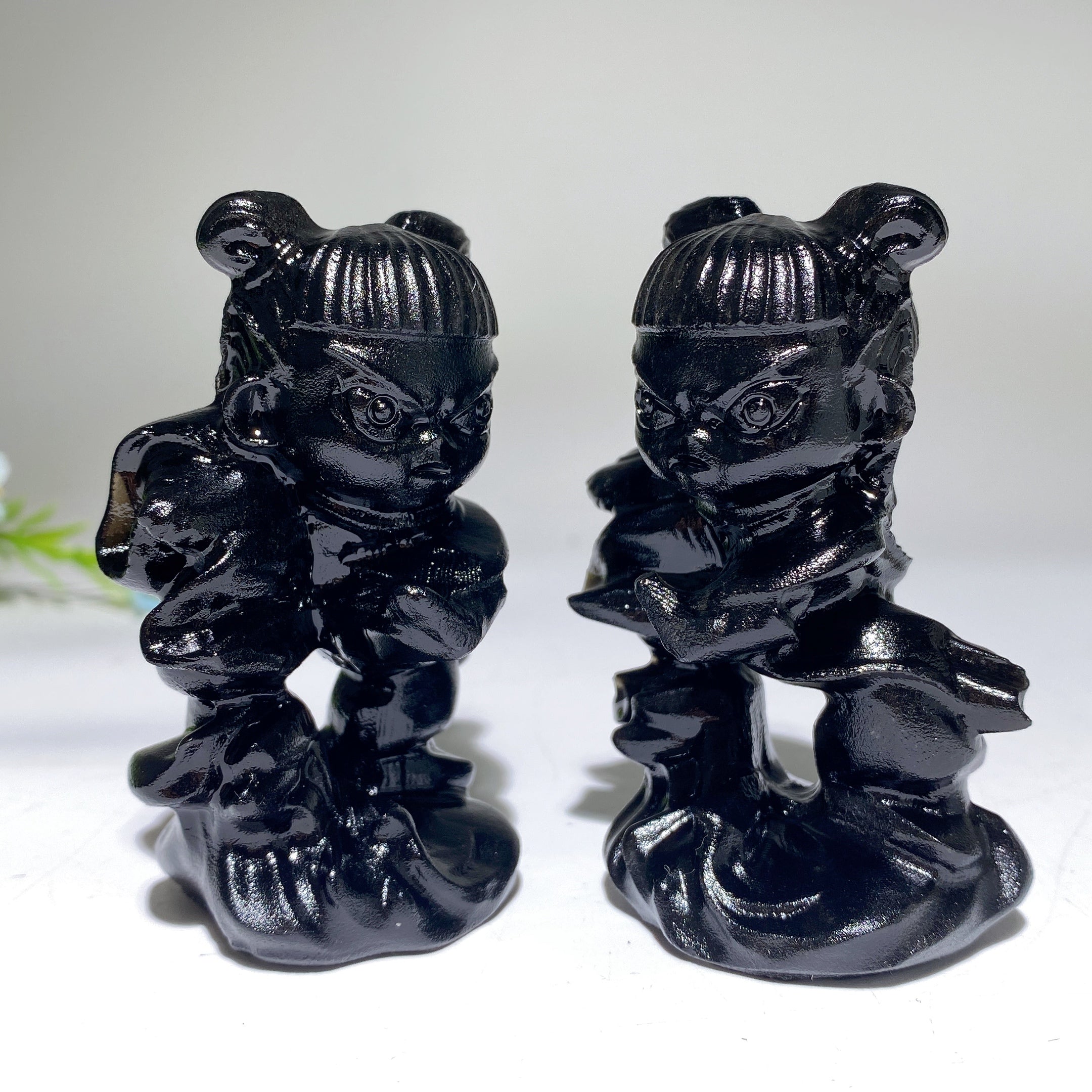 3.1 Inch Black Obsidian Nezha Crystal Figurine Healing Carving