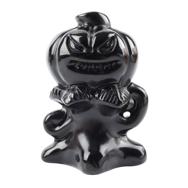3.15in Black Obsidian Pumpkin Ghost Crystal Figurine