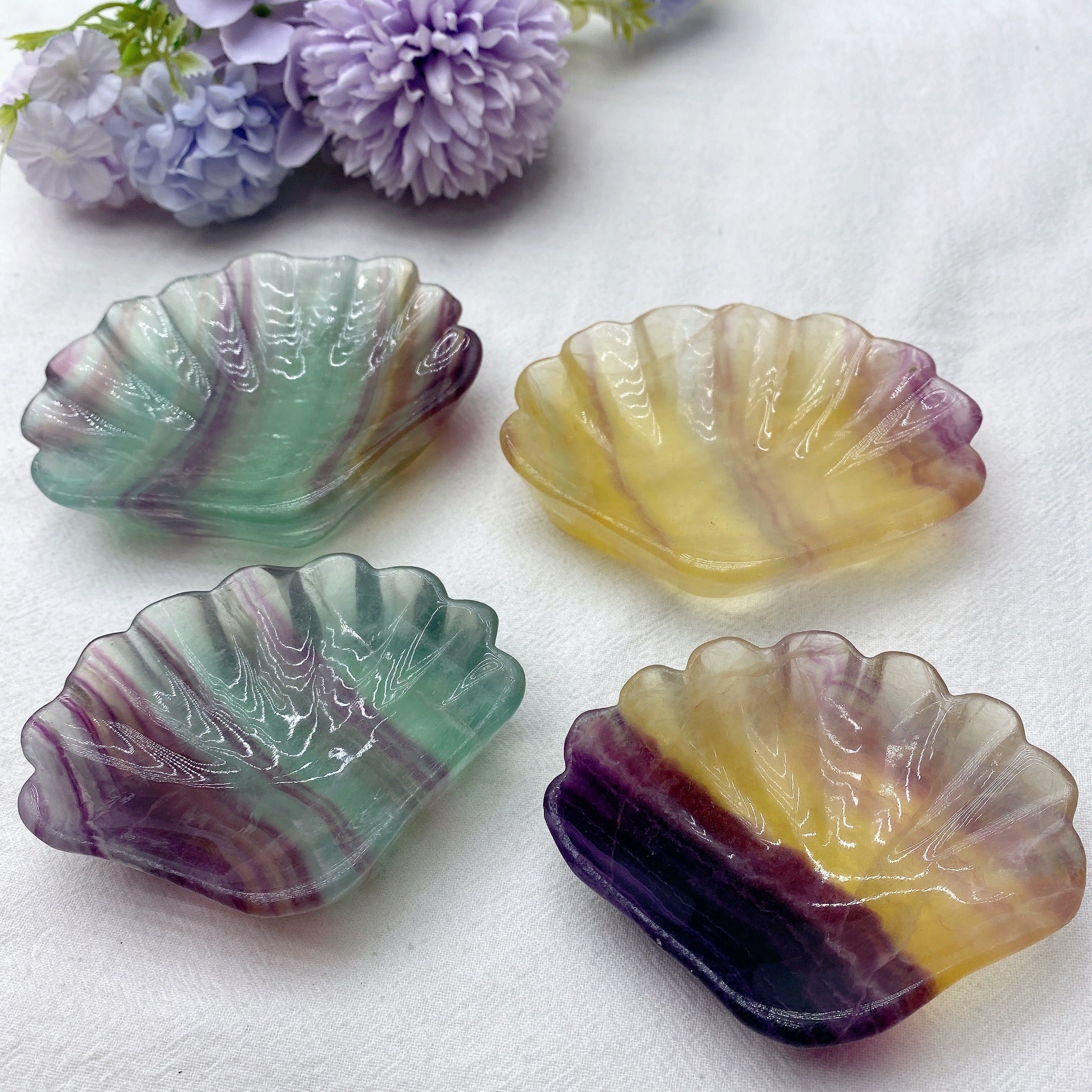 3.2-3.6in Green & Yellow Fluorite Shell Bowls | Crystal Decor