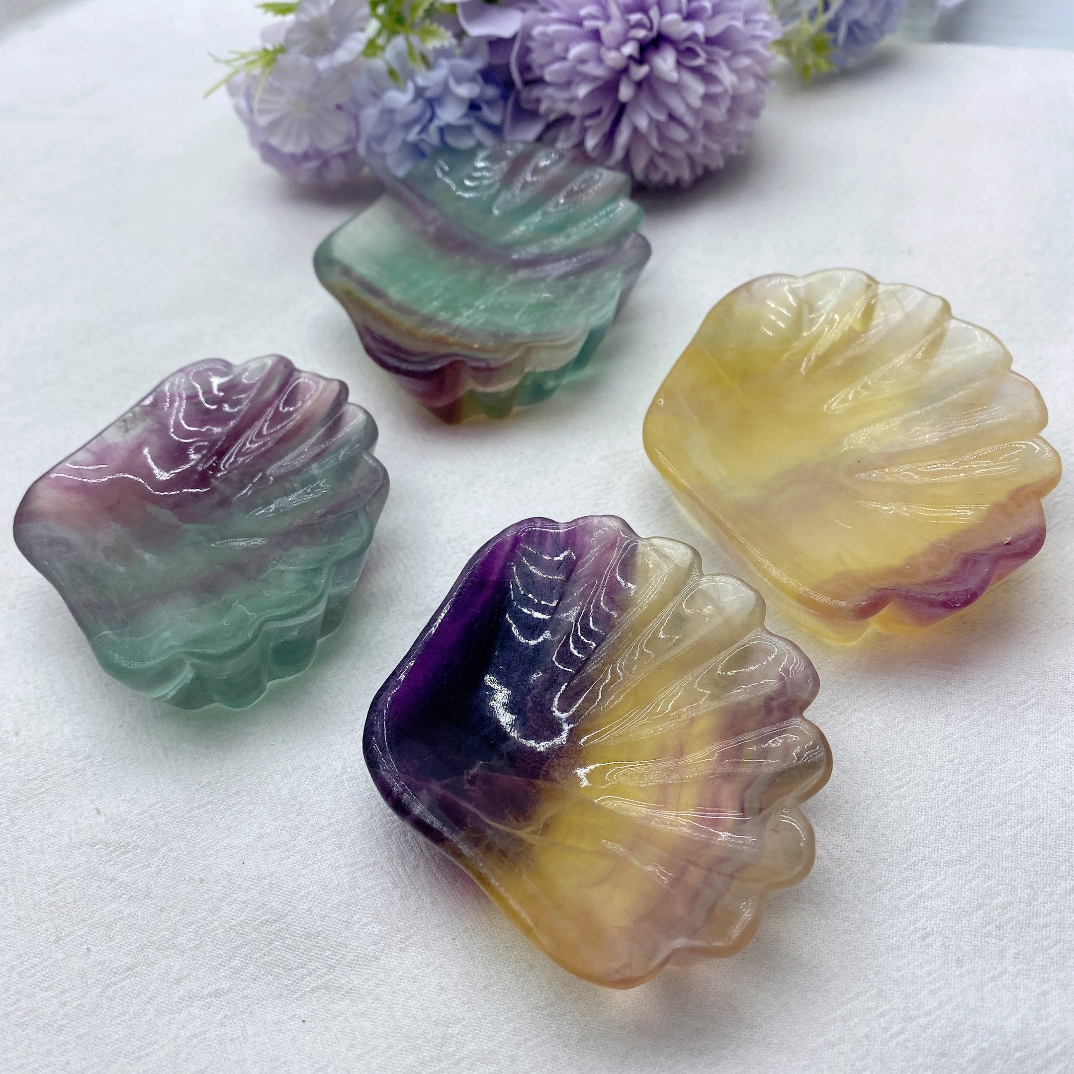 3.2-3.6in Green & Yellow Fluorite Shell Bowls | Crystal Decor