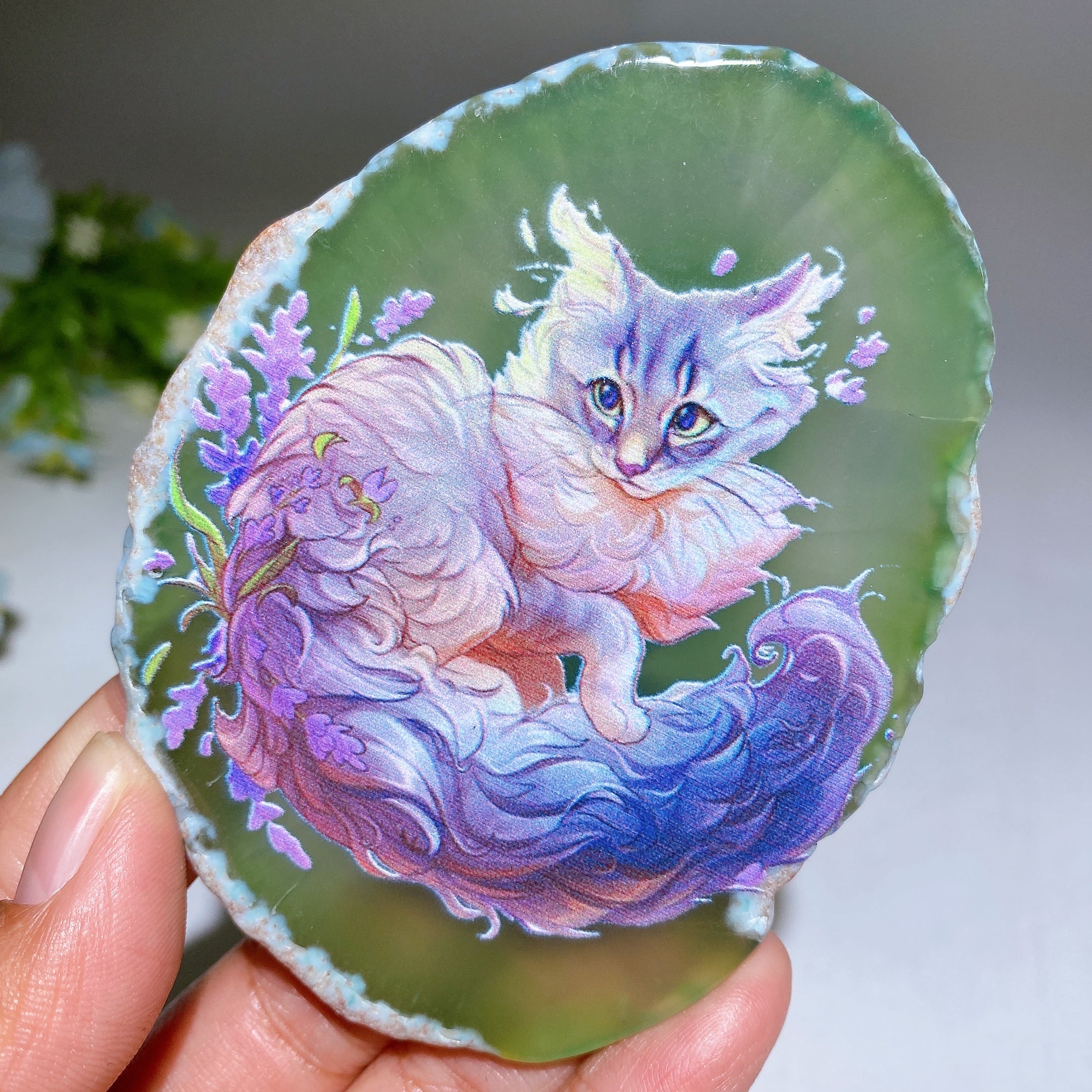 3.3-3.7 Inch Agate Slab with Cat Printing for Healing
