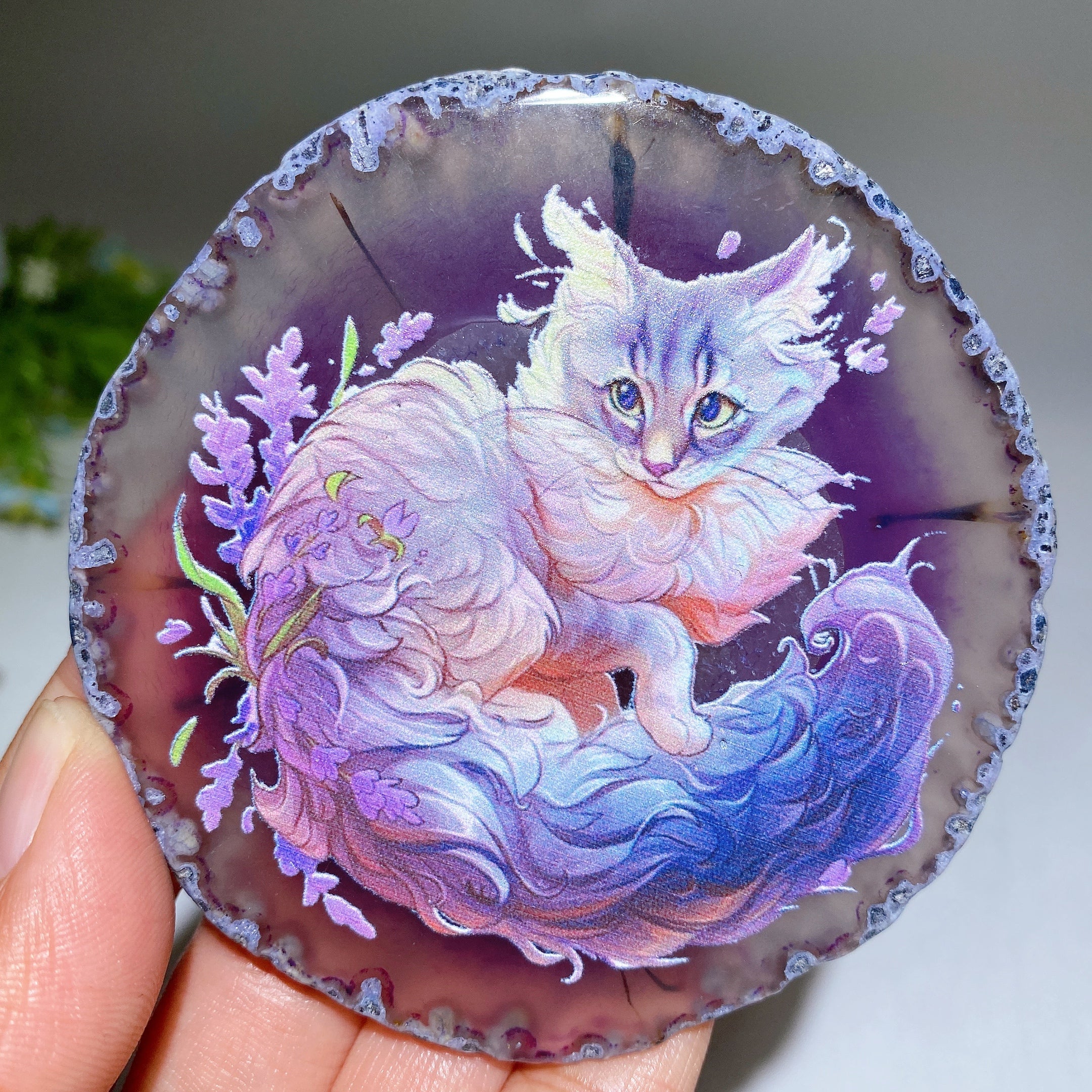 3.3-3.7 Inch Agate Slab with Cat Printing for Healing