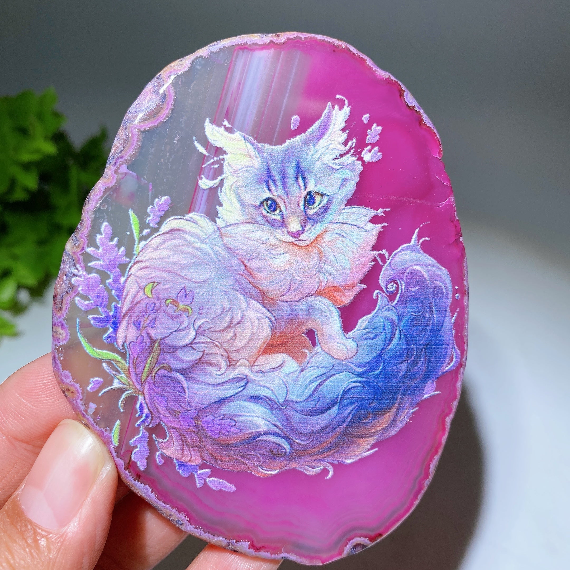3.3-3.7 Inch Agate Slab with Cat Printing for Healing