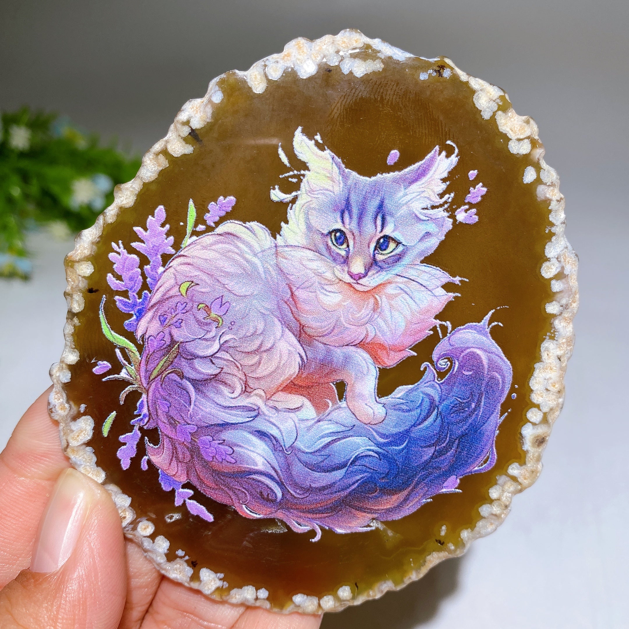 3.3-3.7 Inch Agate Slab with Cat Printing for Healing