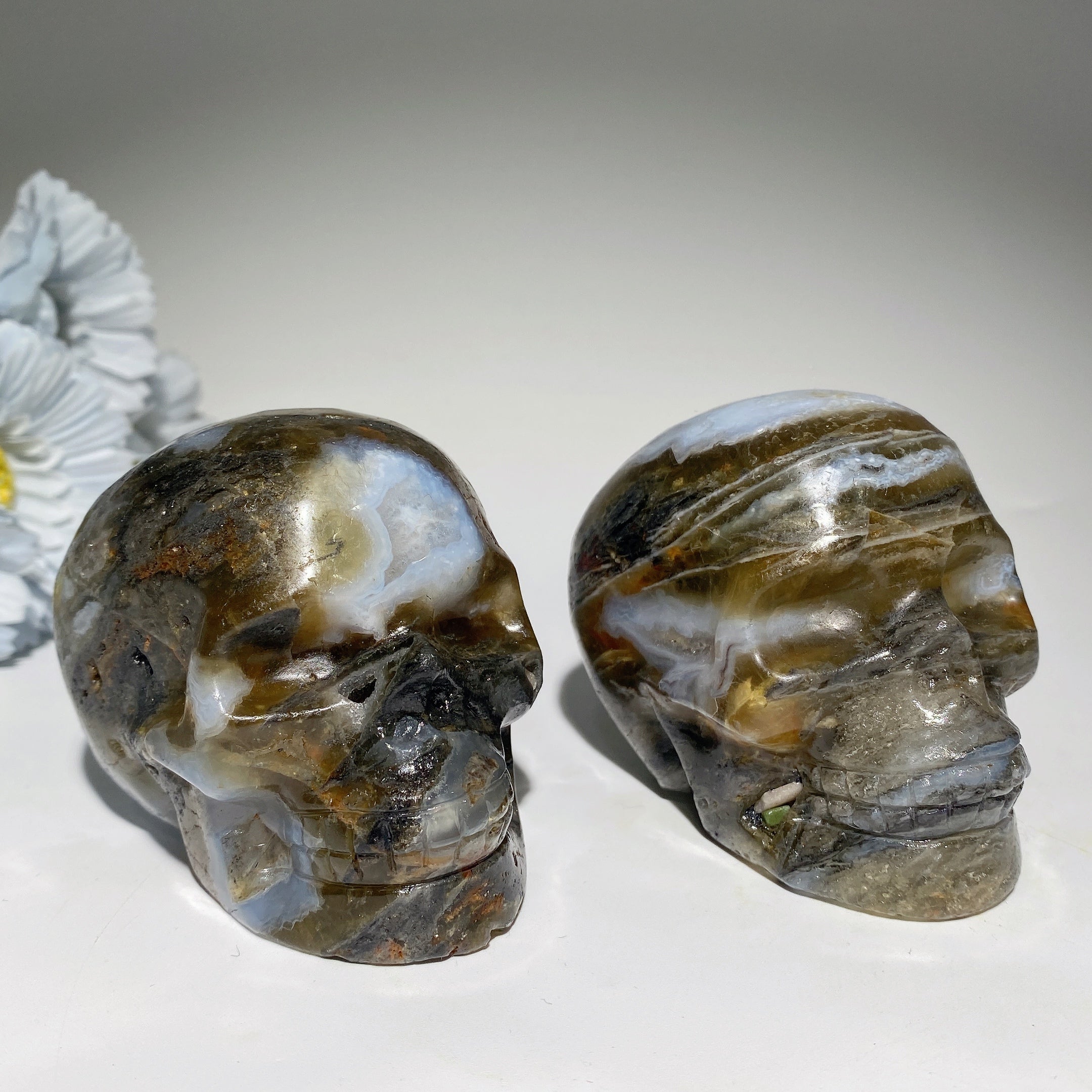 3.3 inch Moss Agate and Fluorite Crystal Skull Carving for Healing