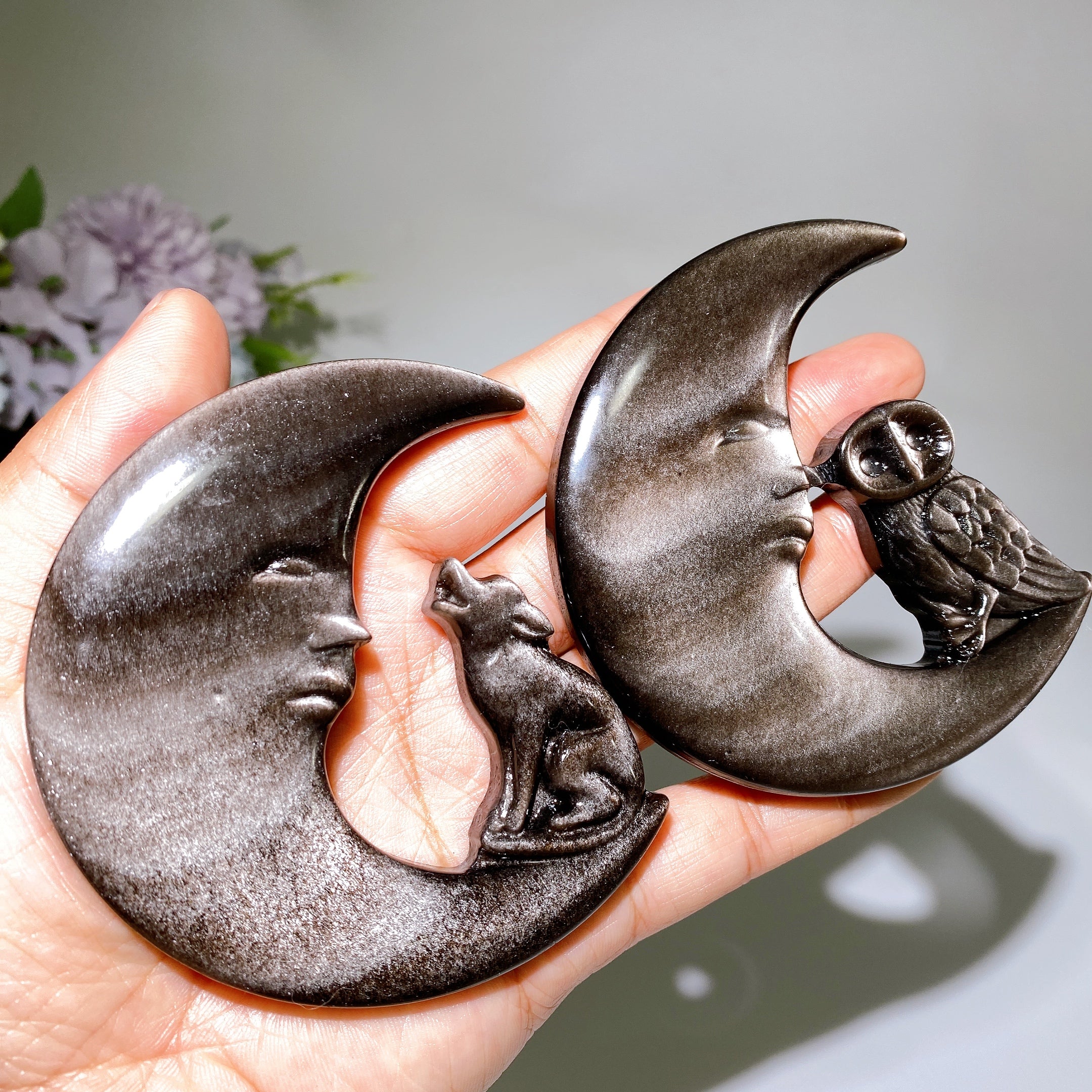 3.4 inch Silver Obsidian Owl Wolf Moon Carving Figurine