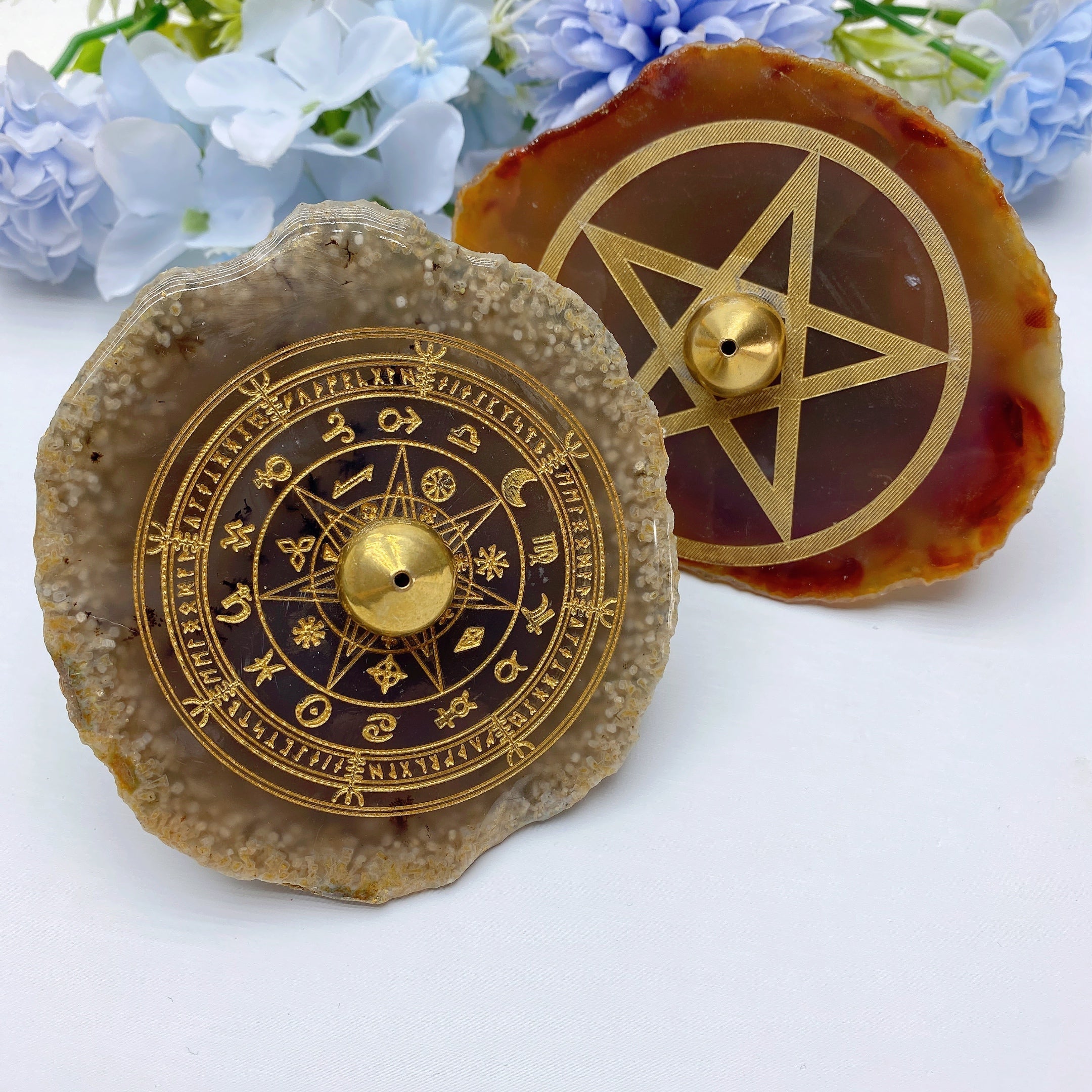 3.5-inch Agate Incense Holder with Compass or Star Design