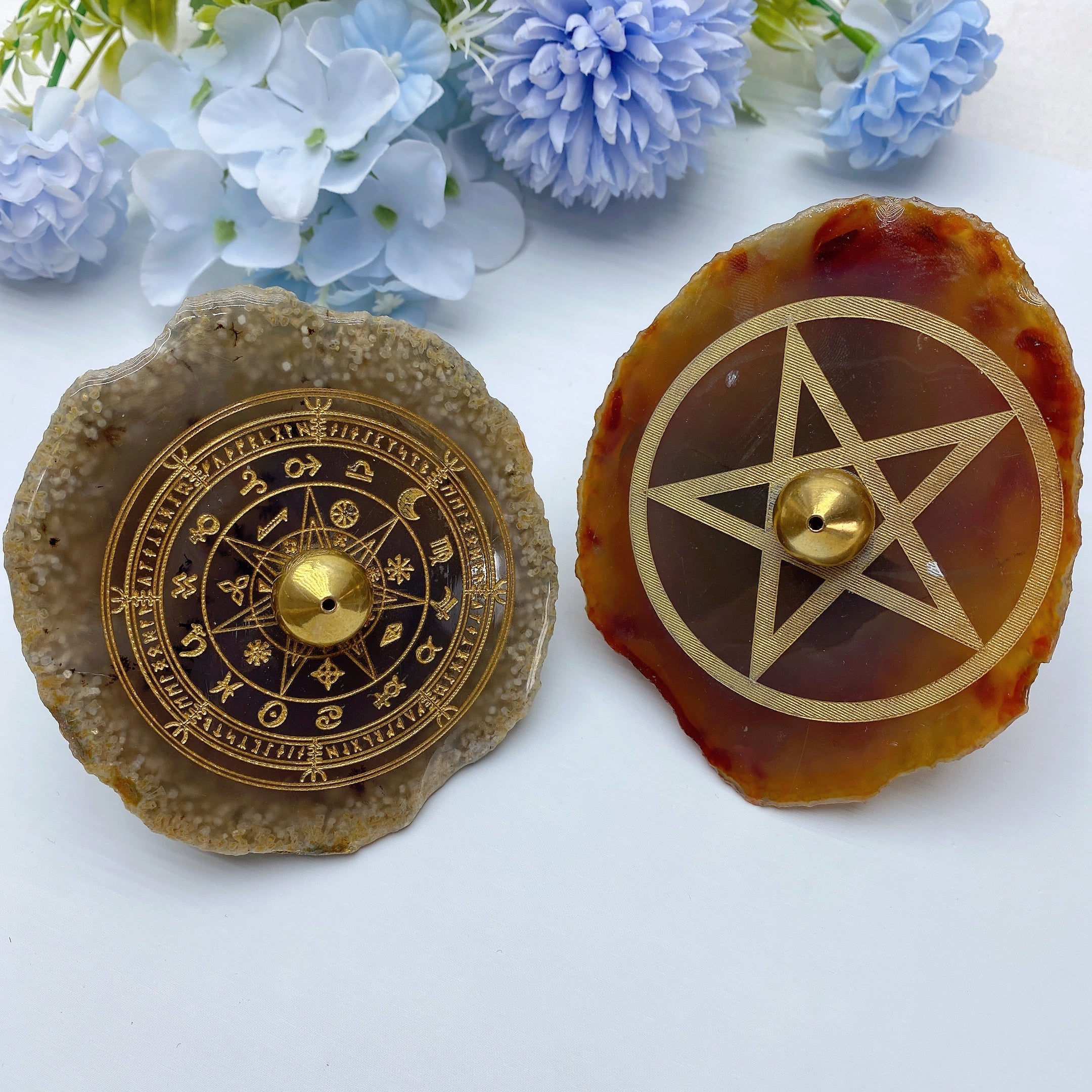 3.5-inch Agate Incense Holder with Compass or Star Design