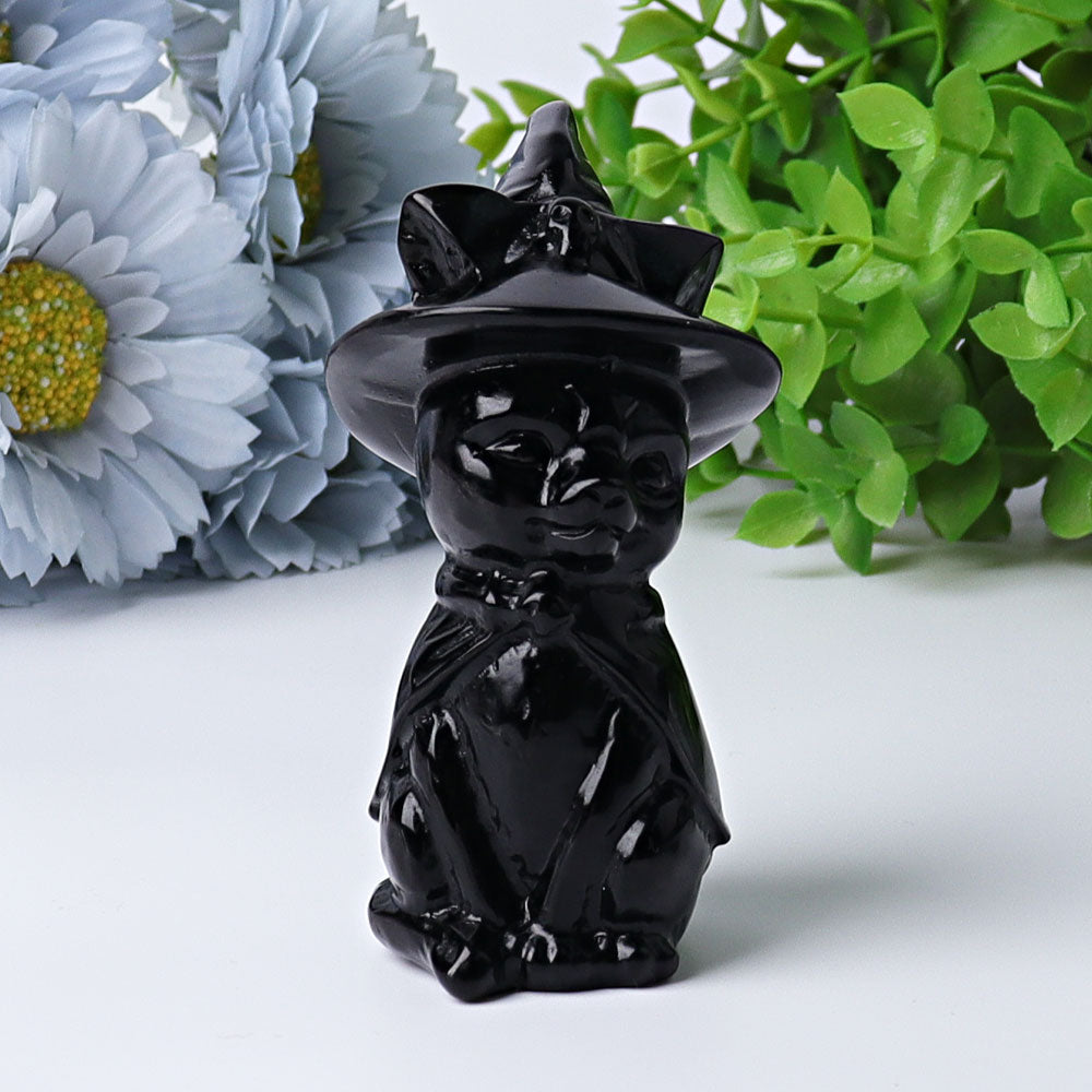 3.5 Inch Black Obsidian Cat Crystal Figurine with Witch Hat