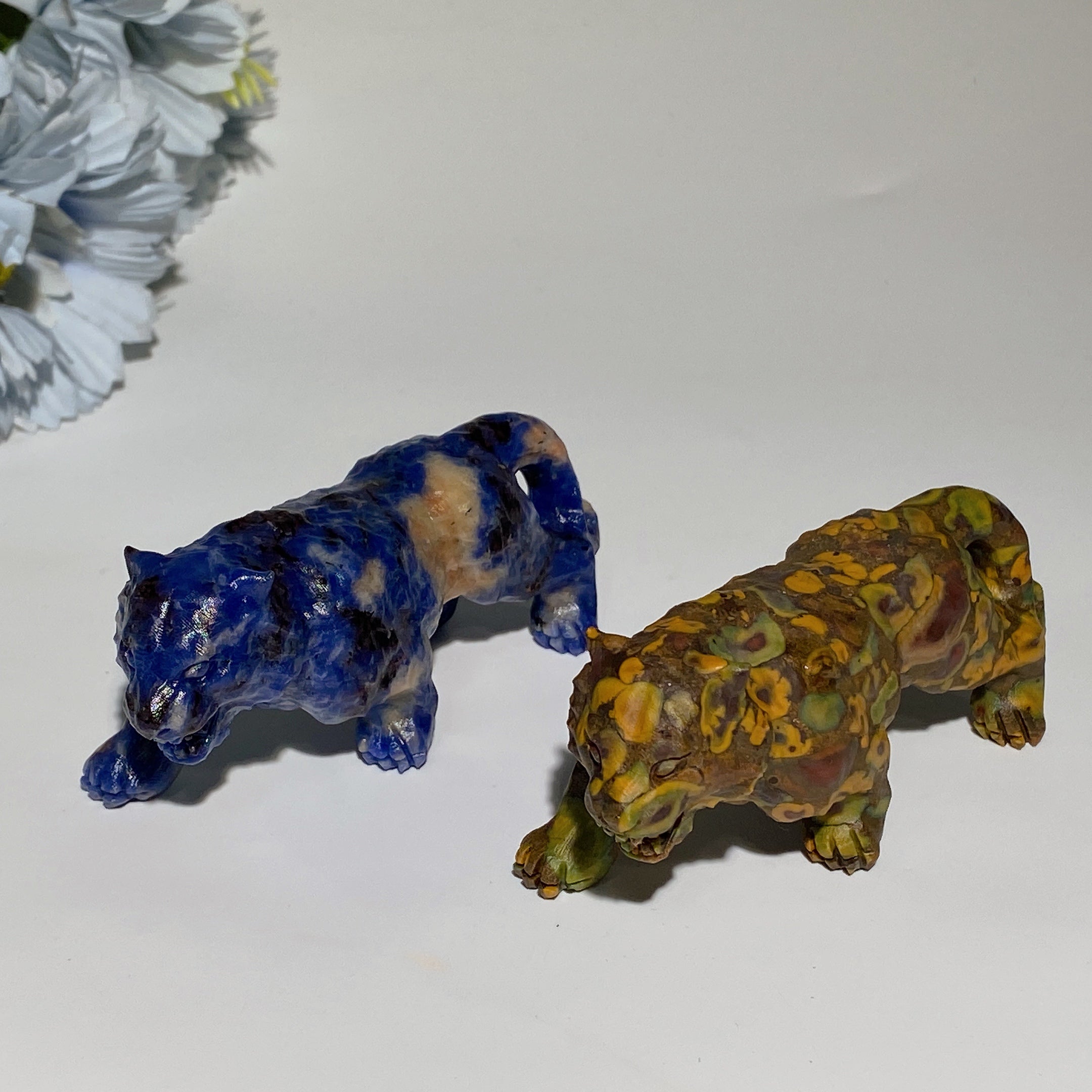 3.5 Inch Crystal Tiger Carvings in Sodalite and Fruit Jasper