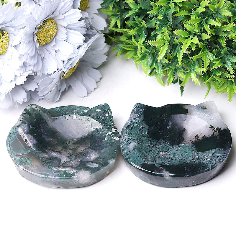 3.5 inch Moss Agate Cat Head Crystal Bowl Figurine