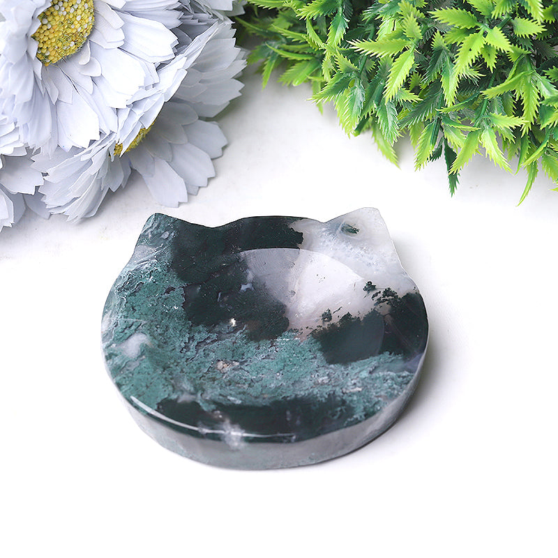 3.5 inch Moss Agate Cat Head Crystal Bowl Figurine