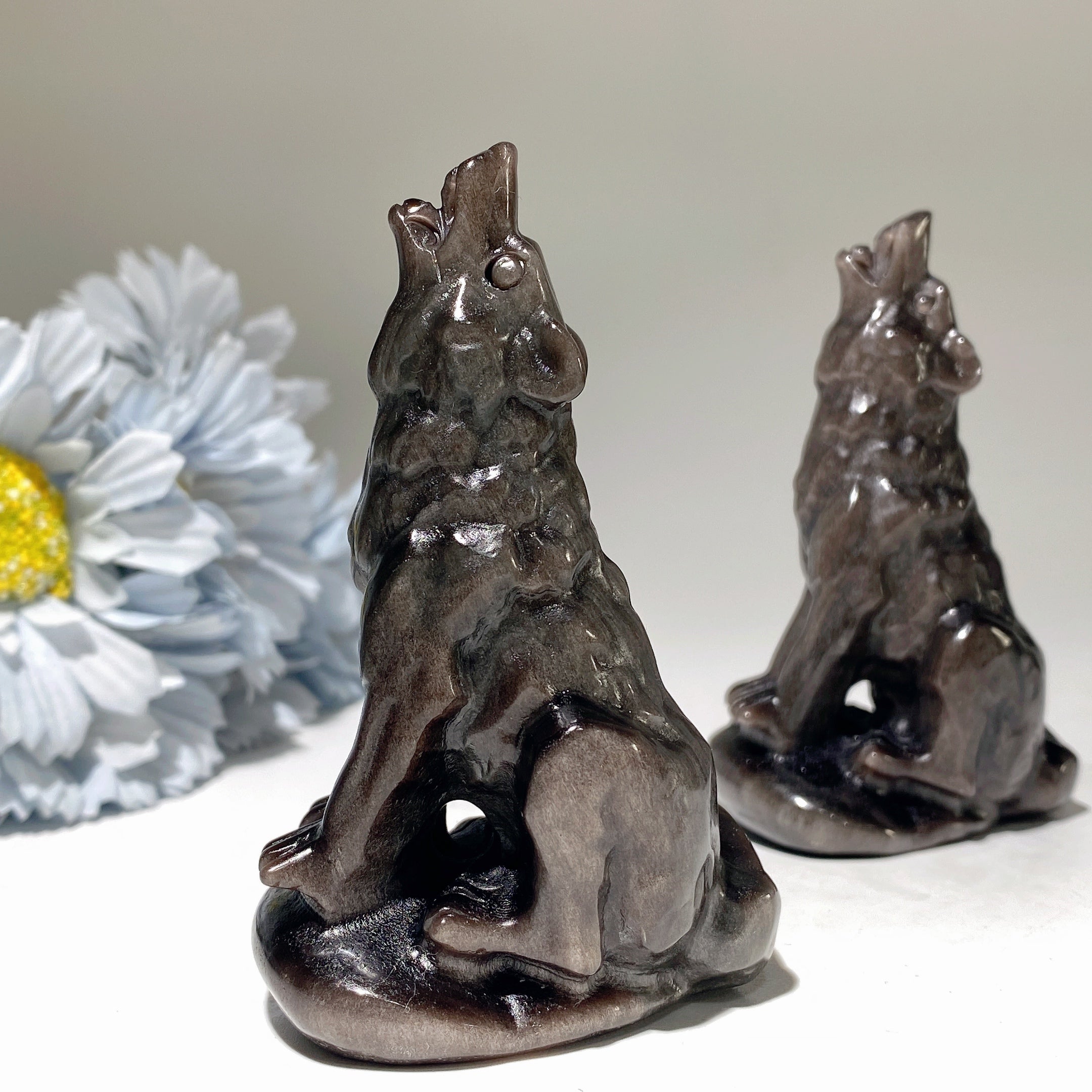 Silver Obsidian Wolf Crystal Carving Figurine Healing Sounds