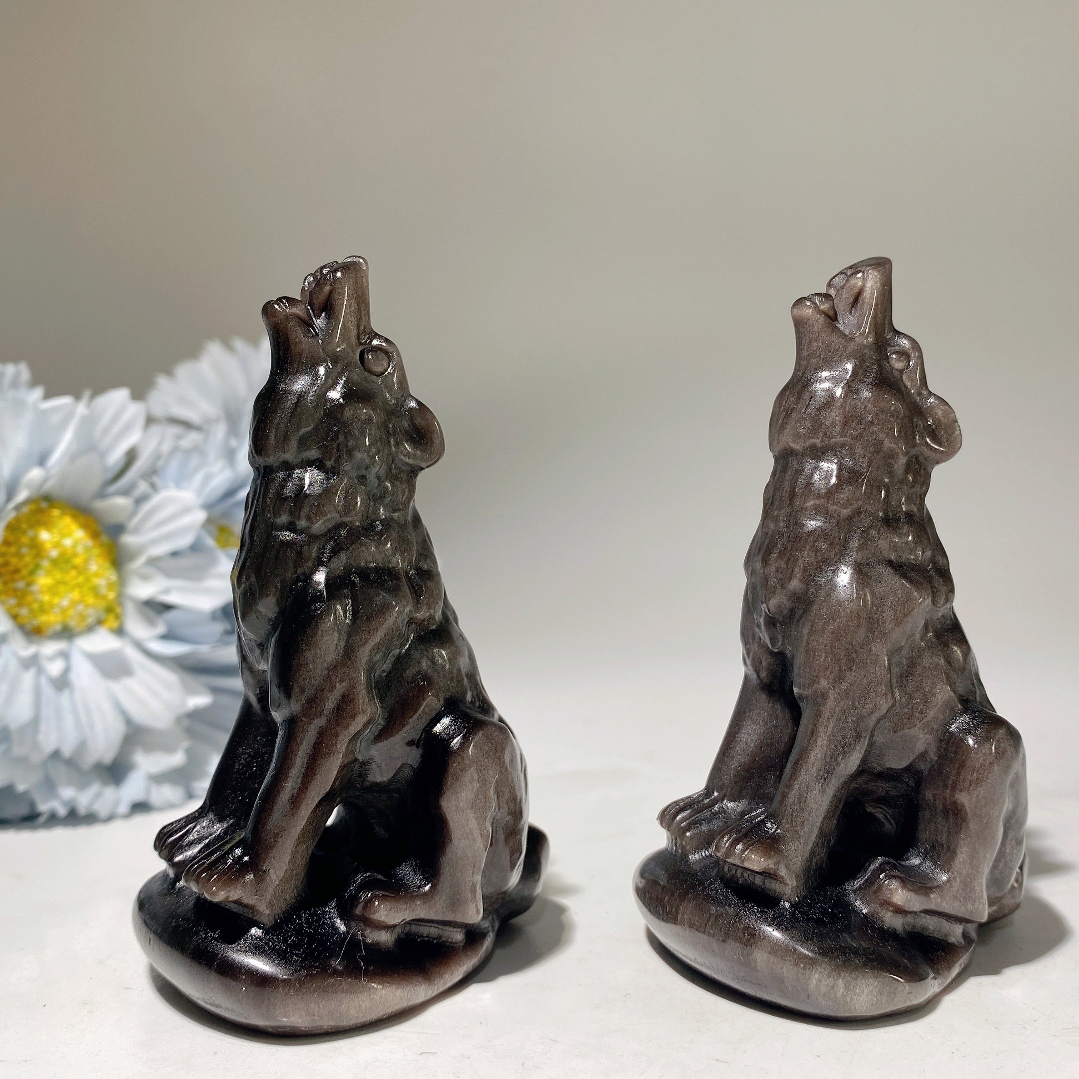 3.5-Inch Silver Obsidian Crystal Wolf Carving Figurine
