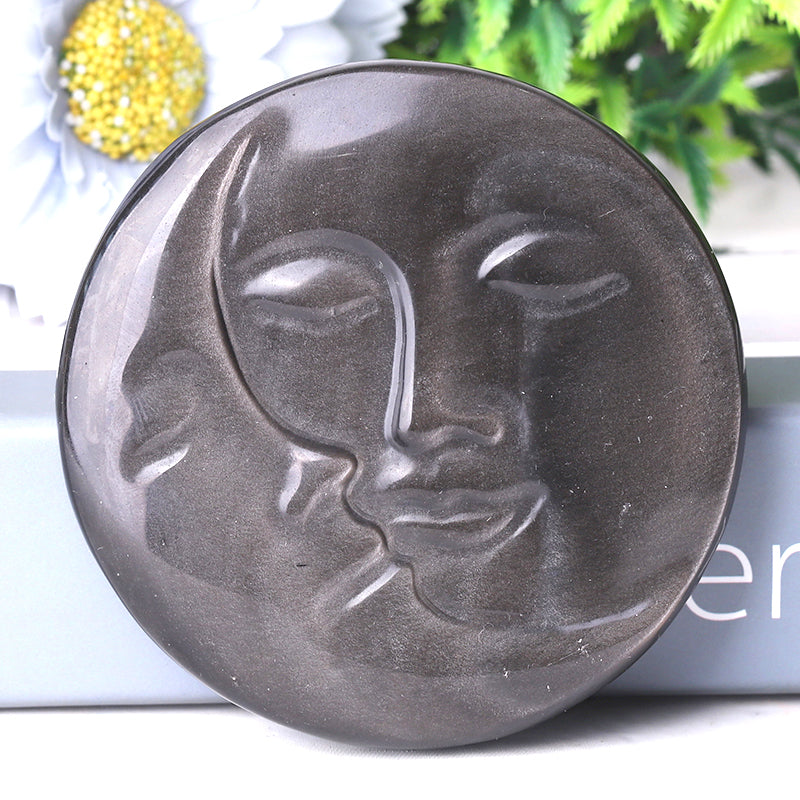 3.5 inch Silver Obsidian Sun Moon Crystal Carving