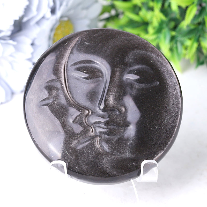 3.5 inch Silver Obsidian Sun Moon Crystal Carving