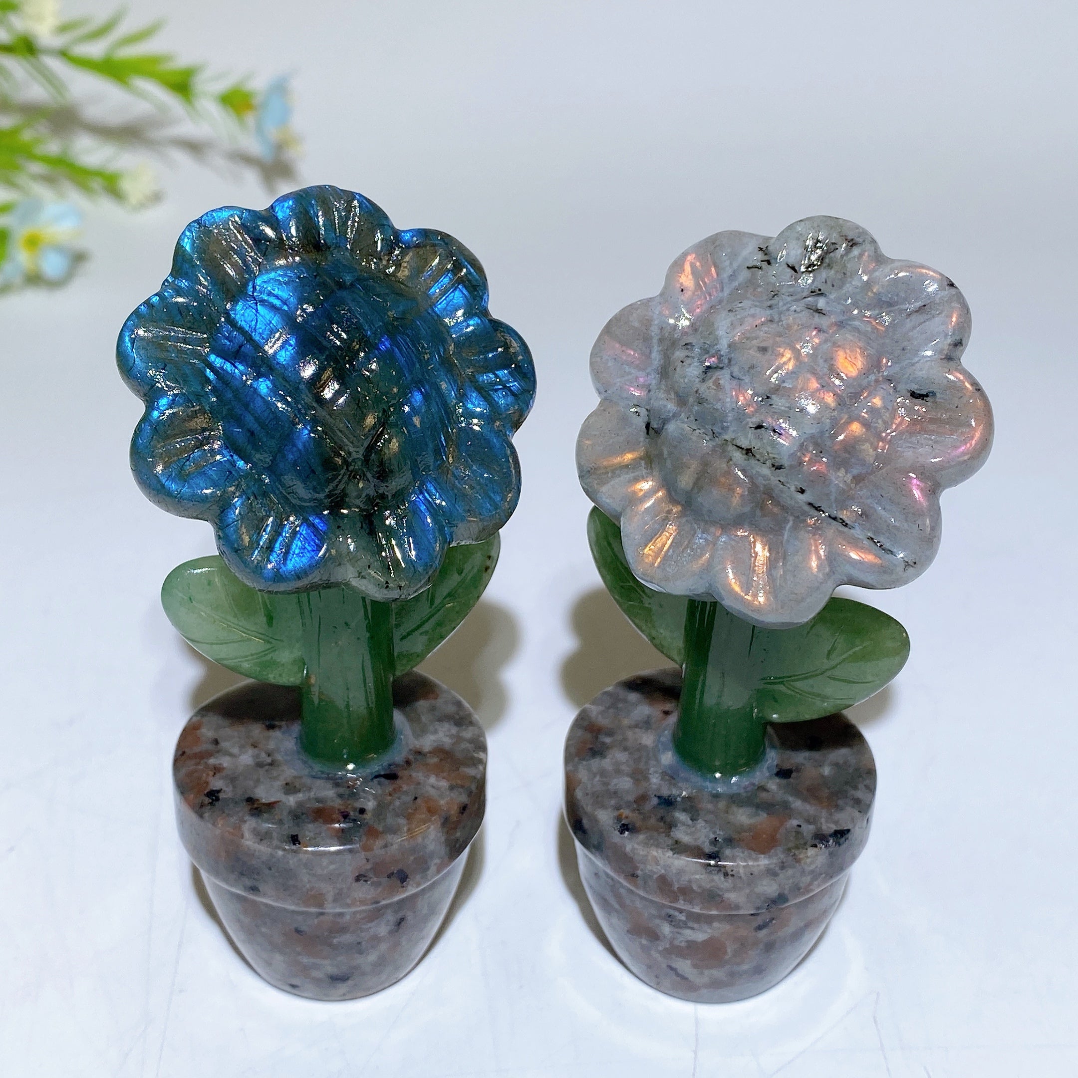 3.5" Yellow Tiger Eye & Labradorite Flower Bonsai Crystal Figurine