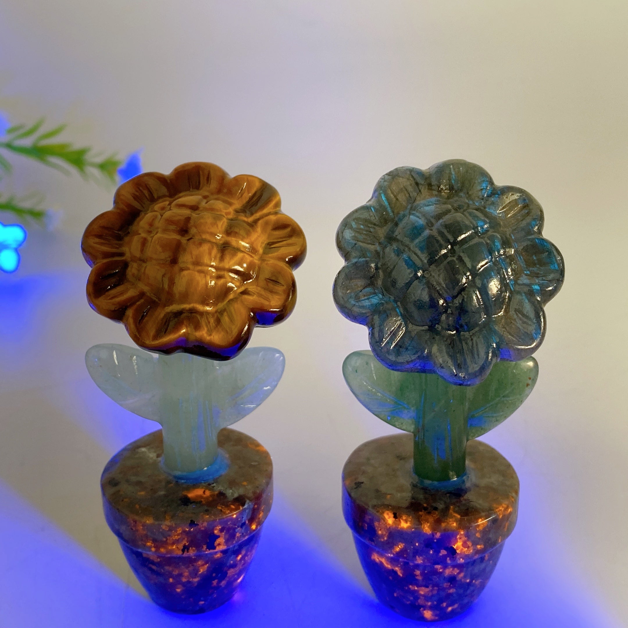 3.5" Yellow Tiger Eye & Labradorite Flower Bonsai Crystal Figurine