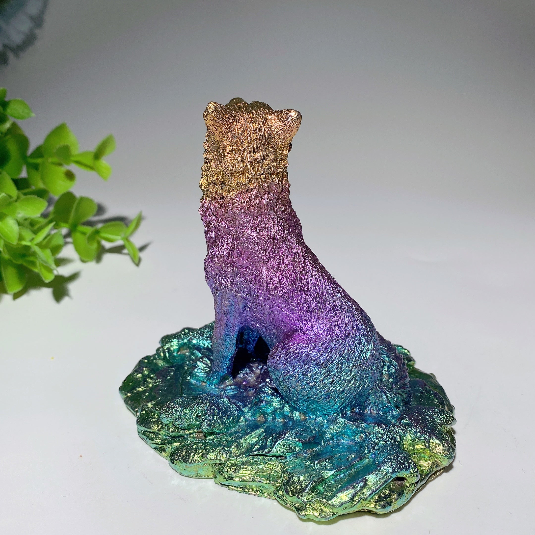 3.6 Inch Bismuth Crystal Wolf Carving for Healing & Protection