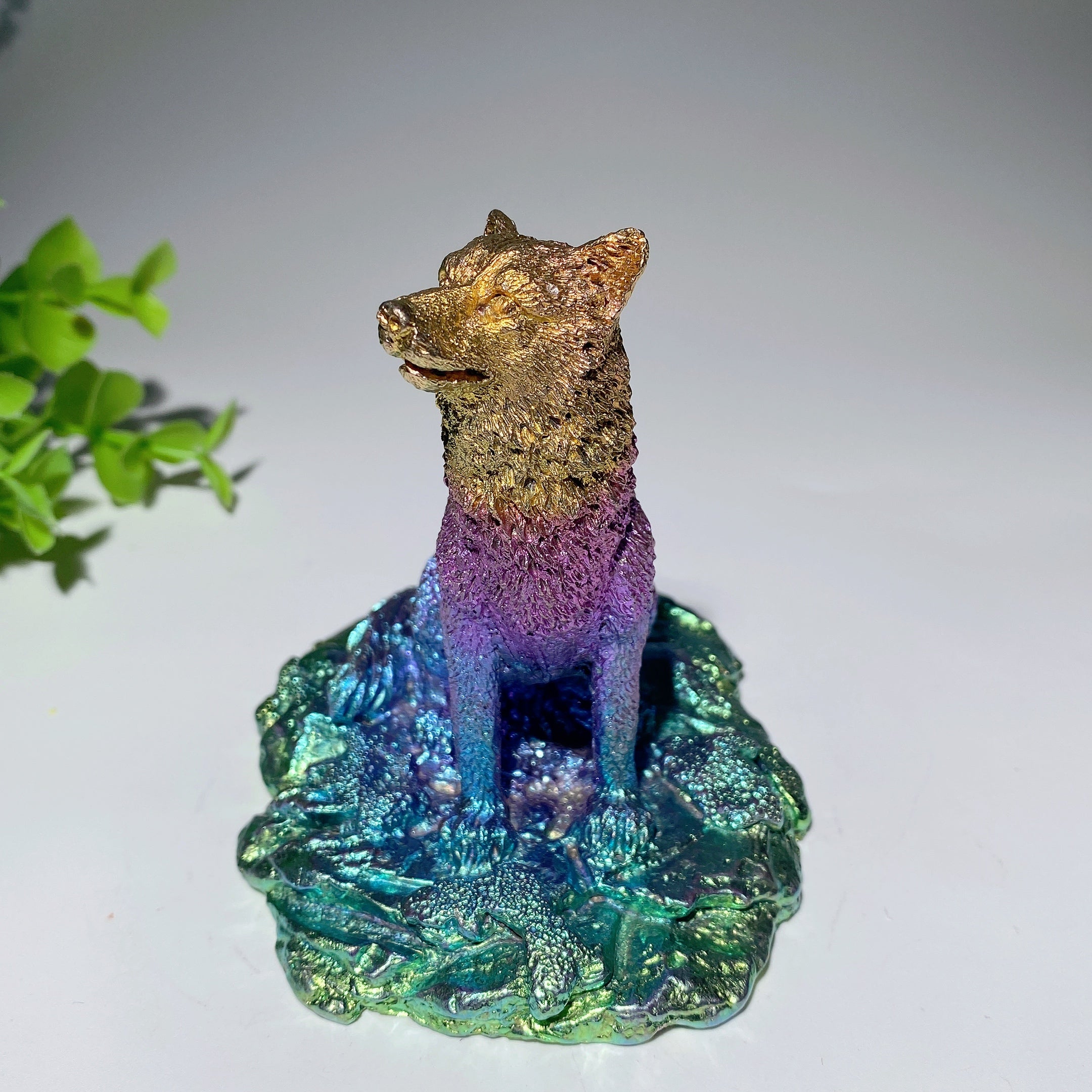 3.6 Inch Bismuth Crystal Wolf Carving for Healing & Protection