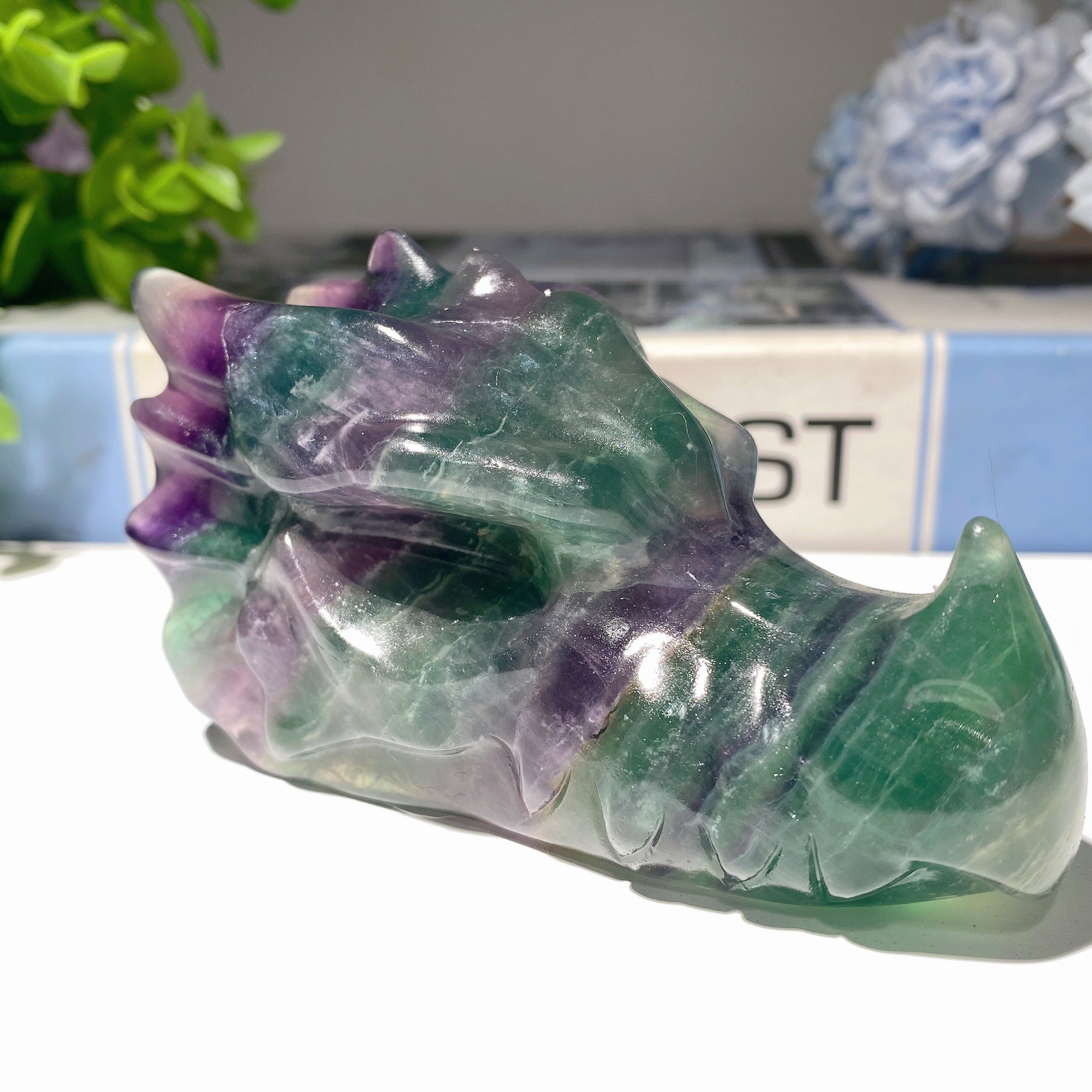3.7" Fluorite Crystal Dragon Head Carving for Healing