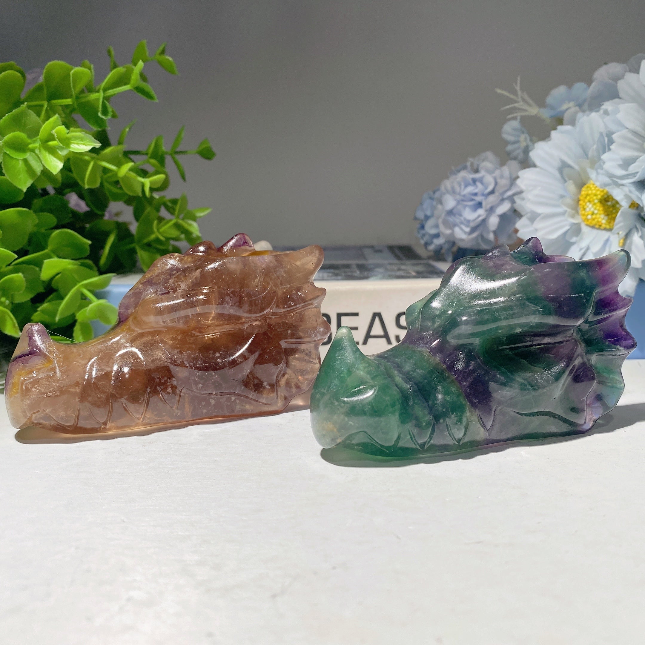 3.7" Fluorite Crystal Dragon Head Carving for Healing